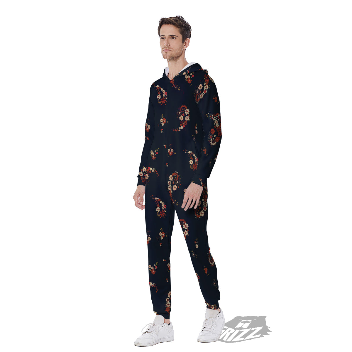 Bohemian Floral Blue Orange Vintage Print Pattern Men's Jumpsuit-grizzshop