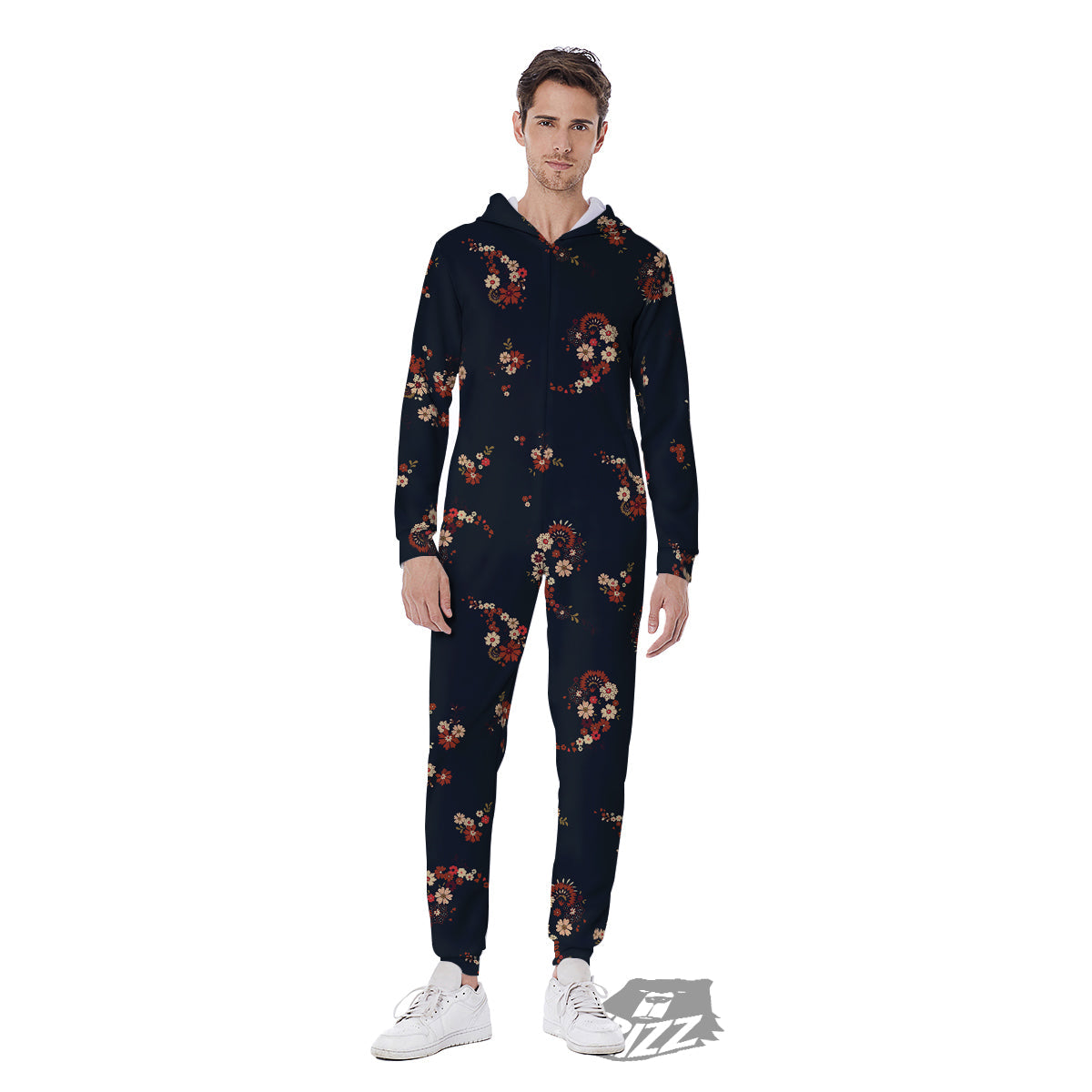 Bohemian Floral Blue Orange Vintage Print Pattern Men's Jumpsuit-grizzshop