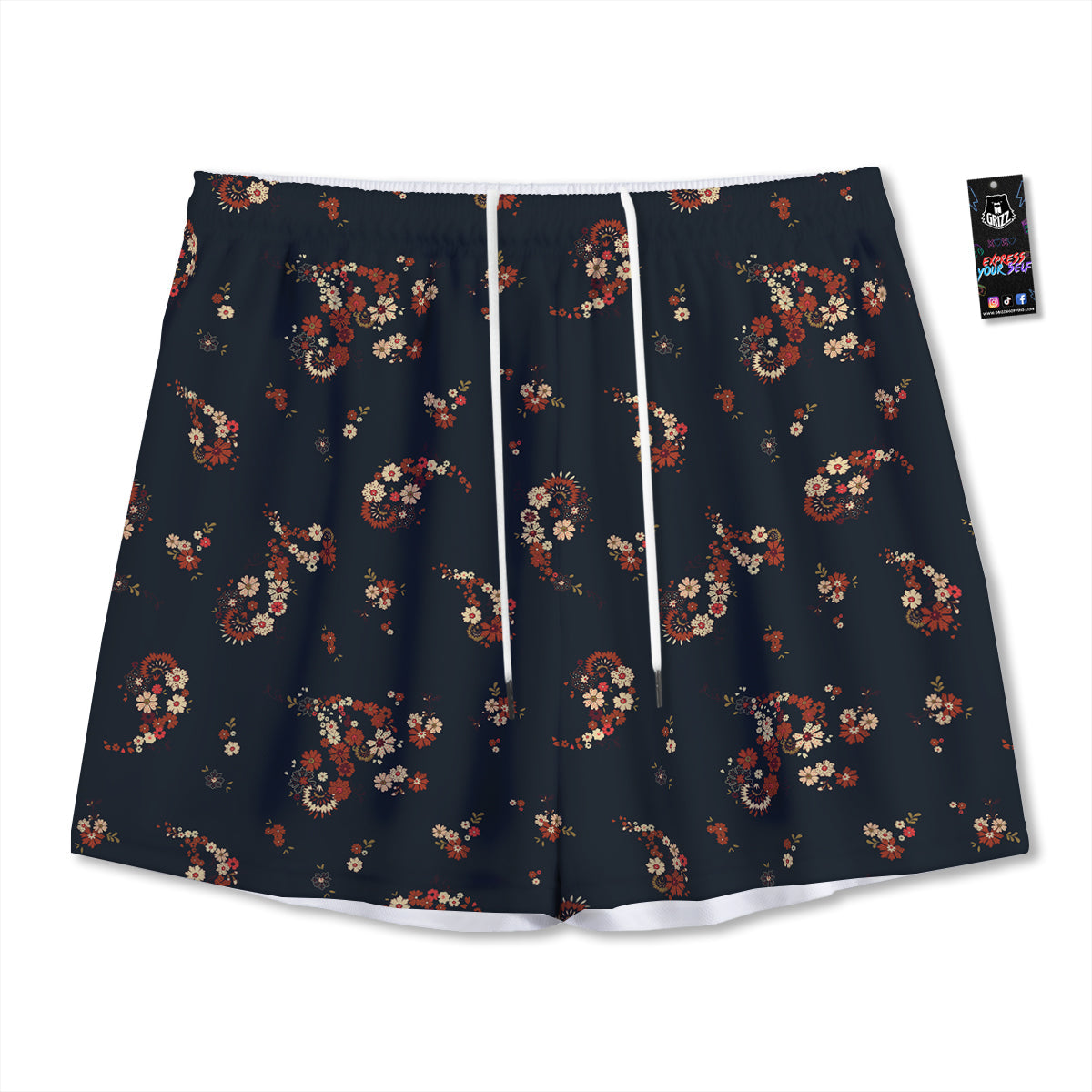 Bohemian Floral Blue Orange Vintage Print Pattern Mesh Shorts