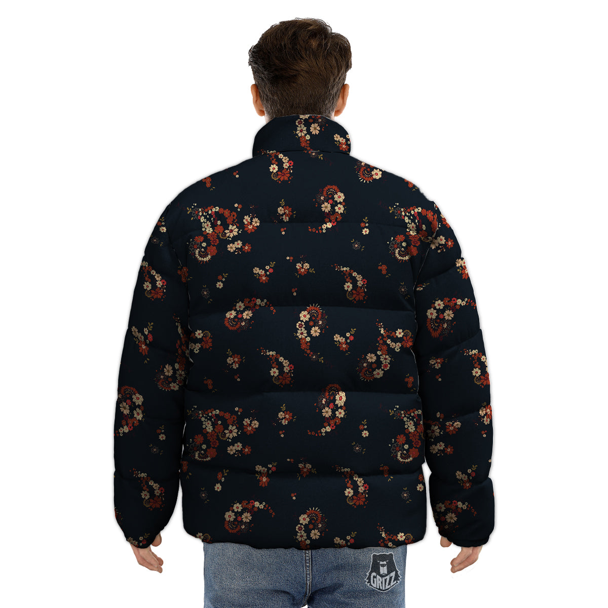Bohemian Floral Blue Orange Vintage Print Pattern Puffer Jacket-grizzshop