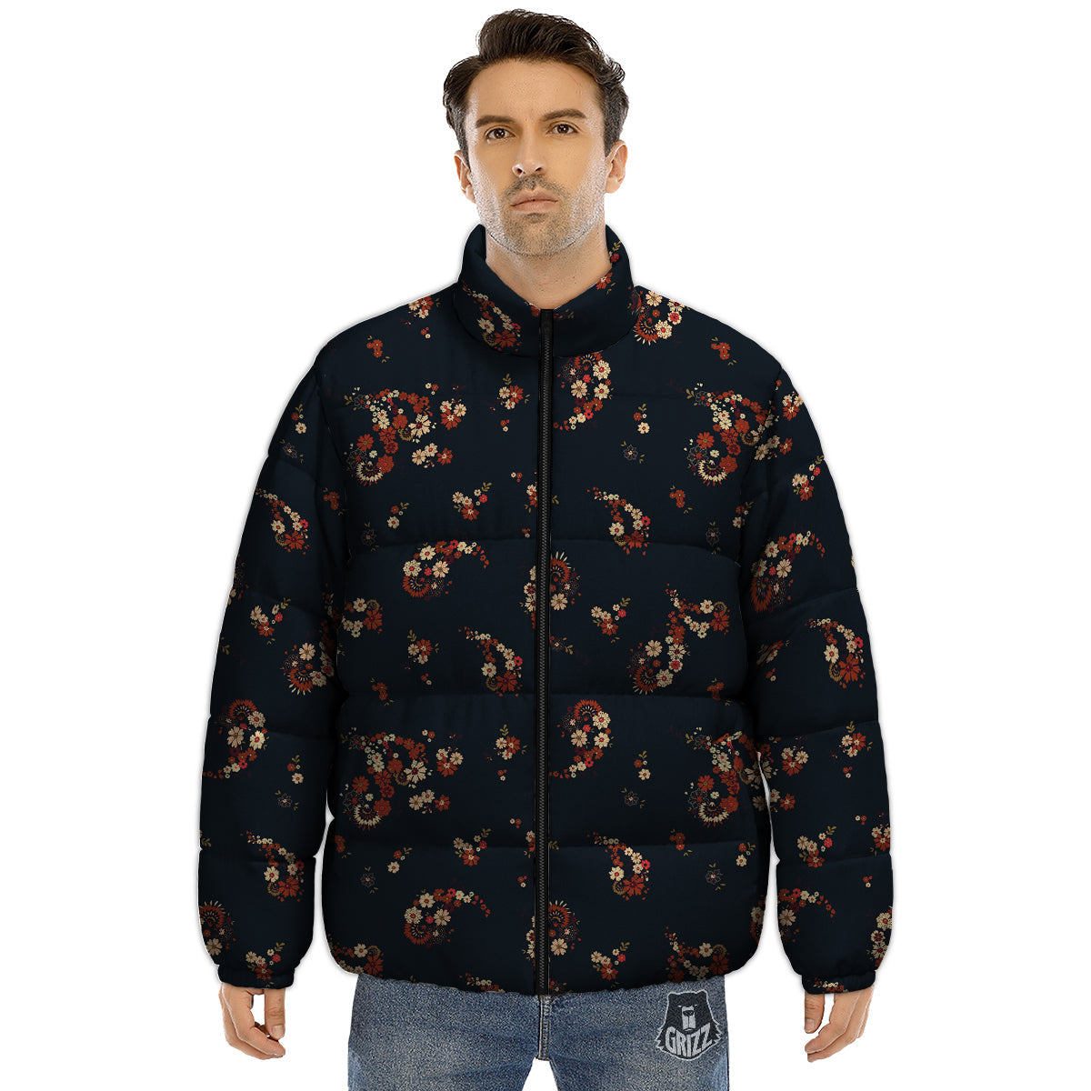 Bohemian Floral Blue Orange Vintage Print Pattern Puffer Jacket-grizzshop