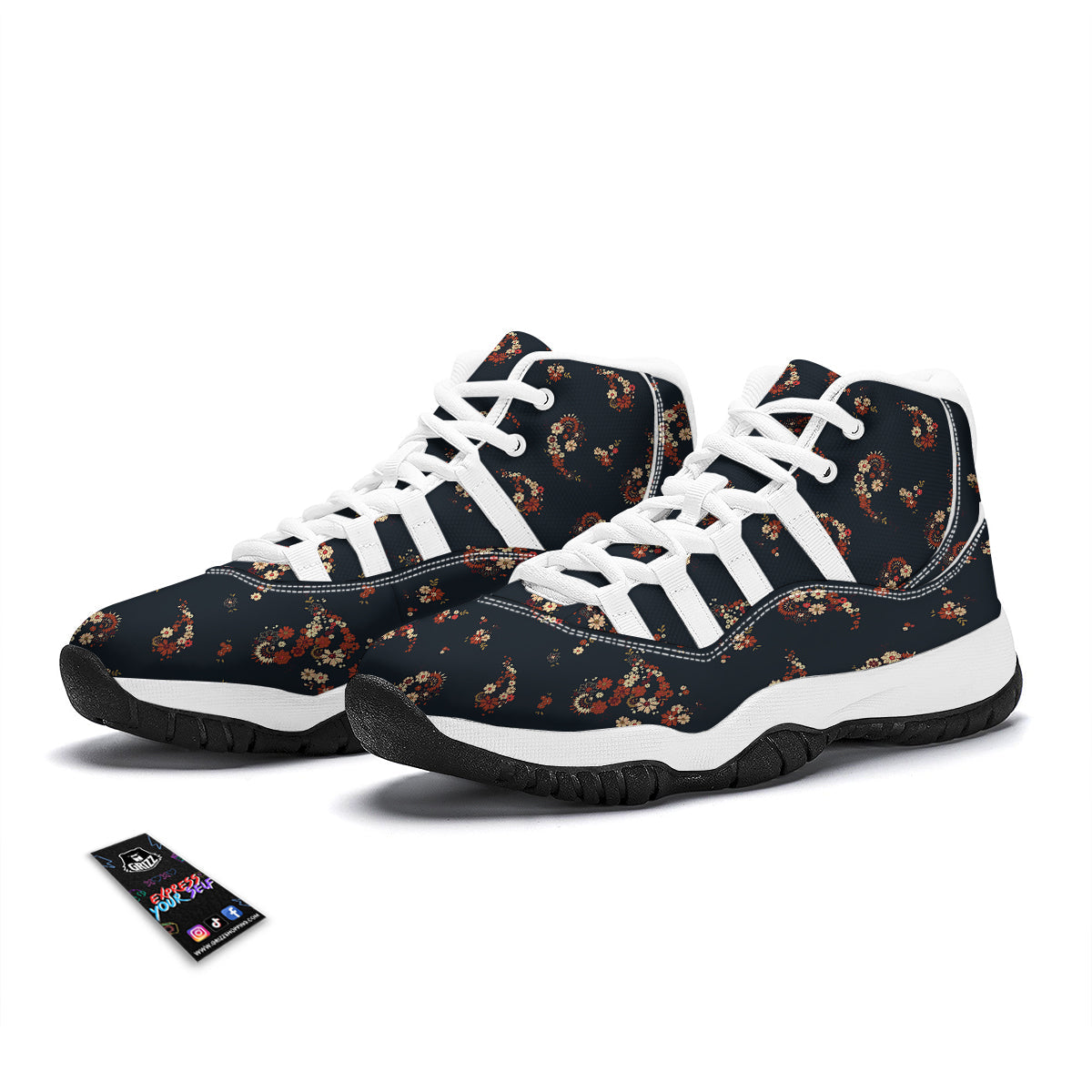 Bohemian Floral Blue Orange Vintage Print Pattern White Bball Shoes-grizzshop