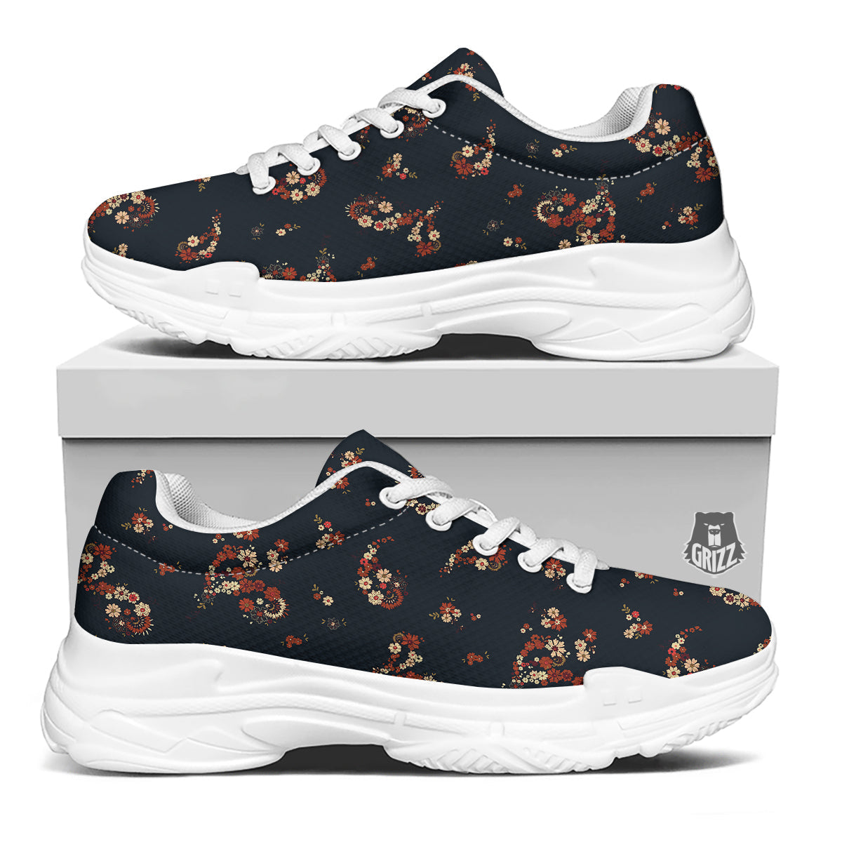 Bohemian Floral Blue Orange Vintage Print Pattern White Chunky Shoes-grizzshop