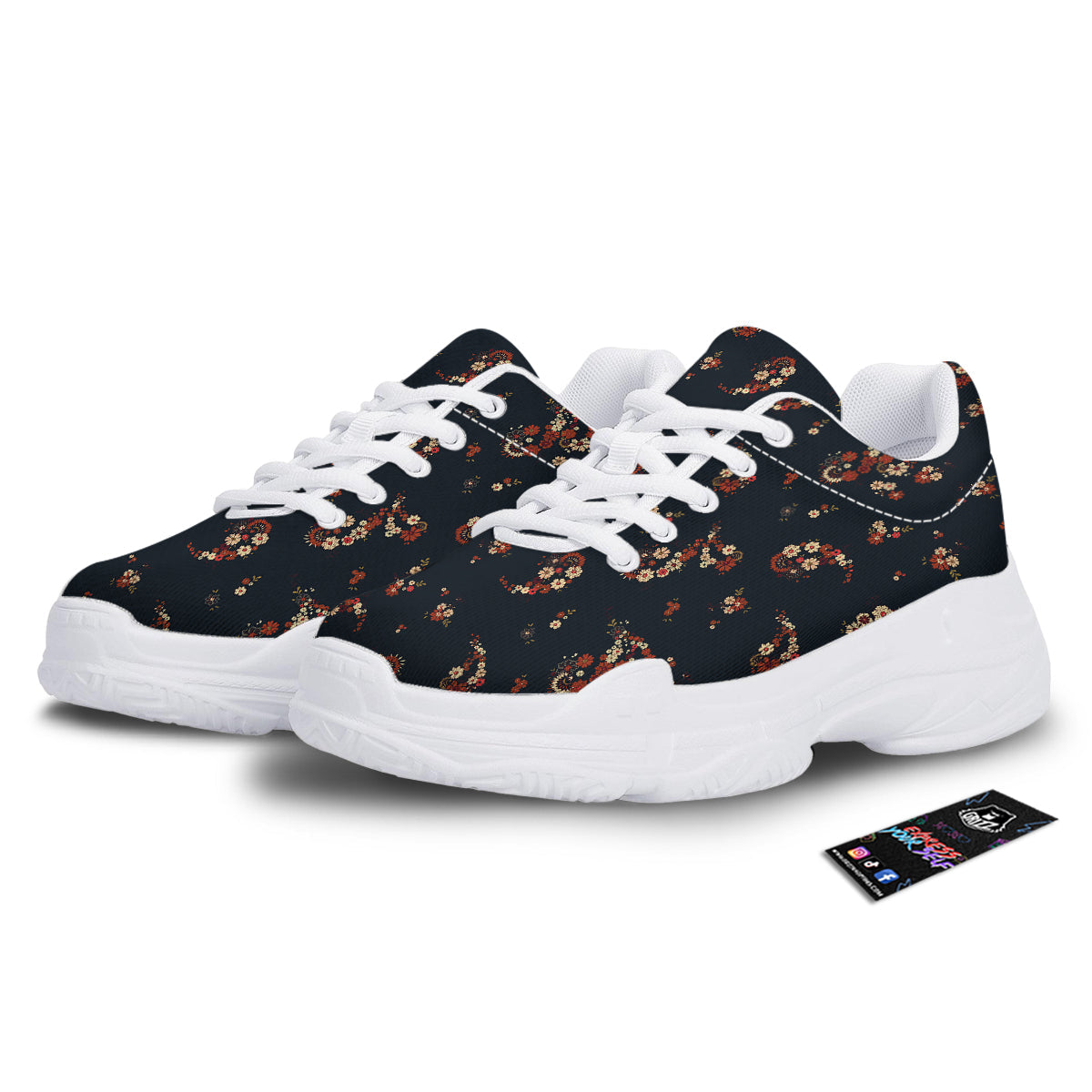 Bohemian Floral Blue Orange Vintage Print Pattern White Chunky Shoes-grizzshop