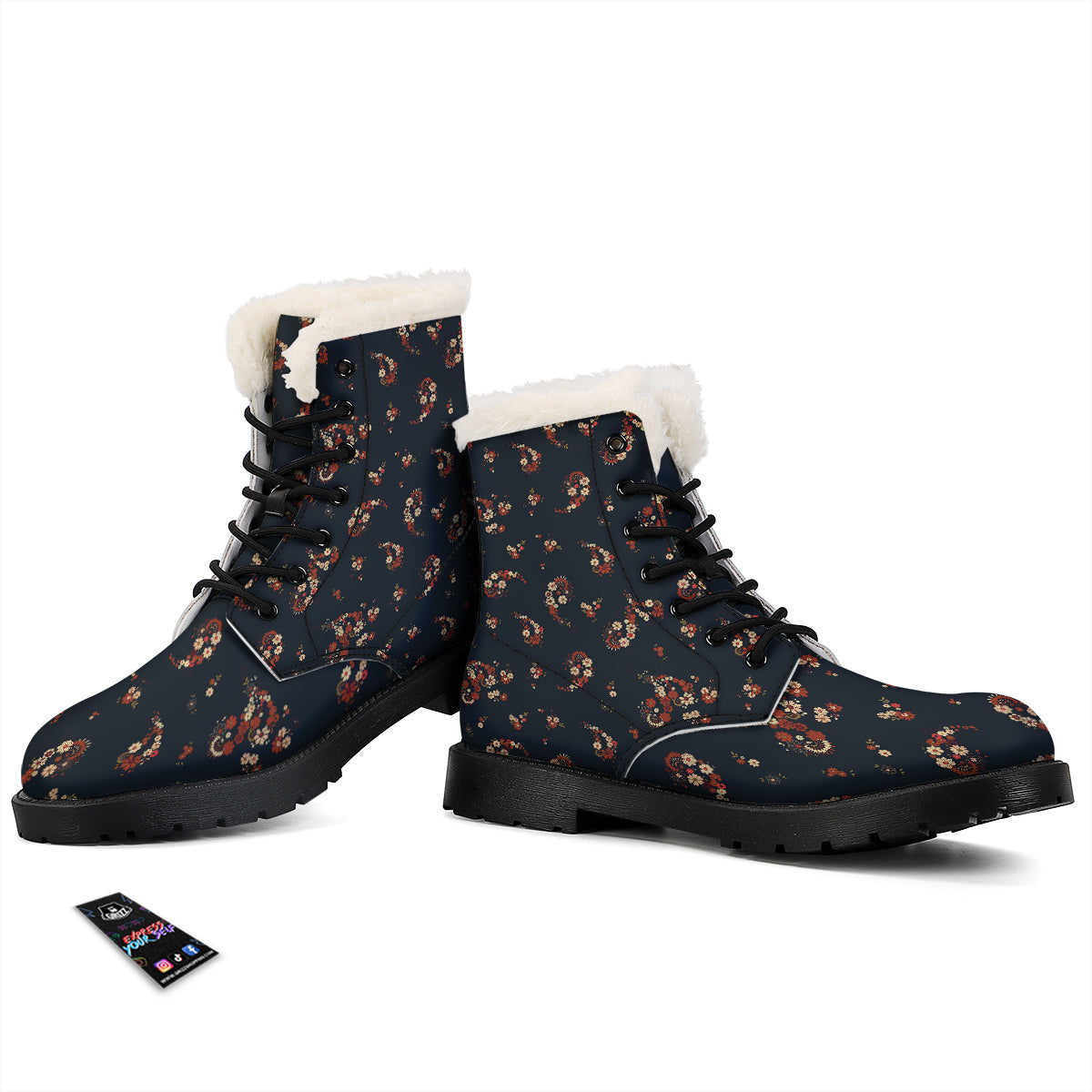 Bohemian Floral Blue Orange Vintage Print Pattern Winter Boots-grizzshop