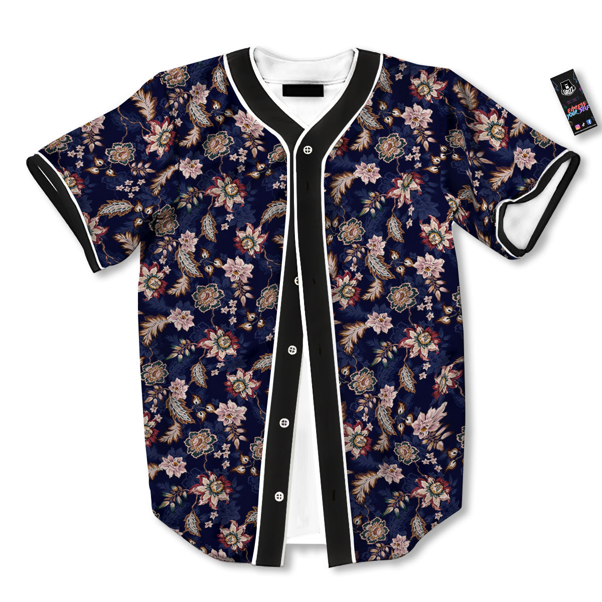 Bohemian Floral Blue Vintage Print Baseball Jersey-grizzshop