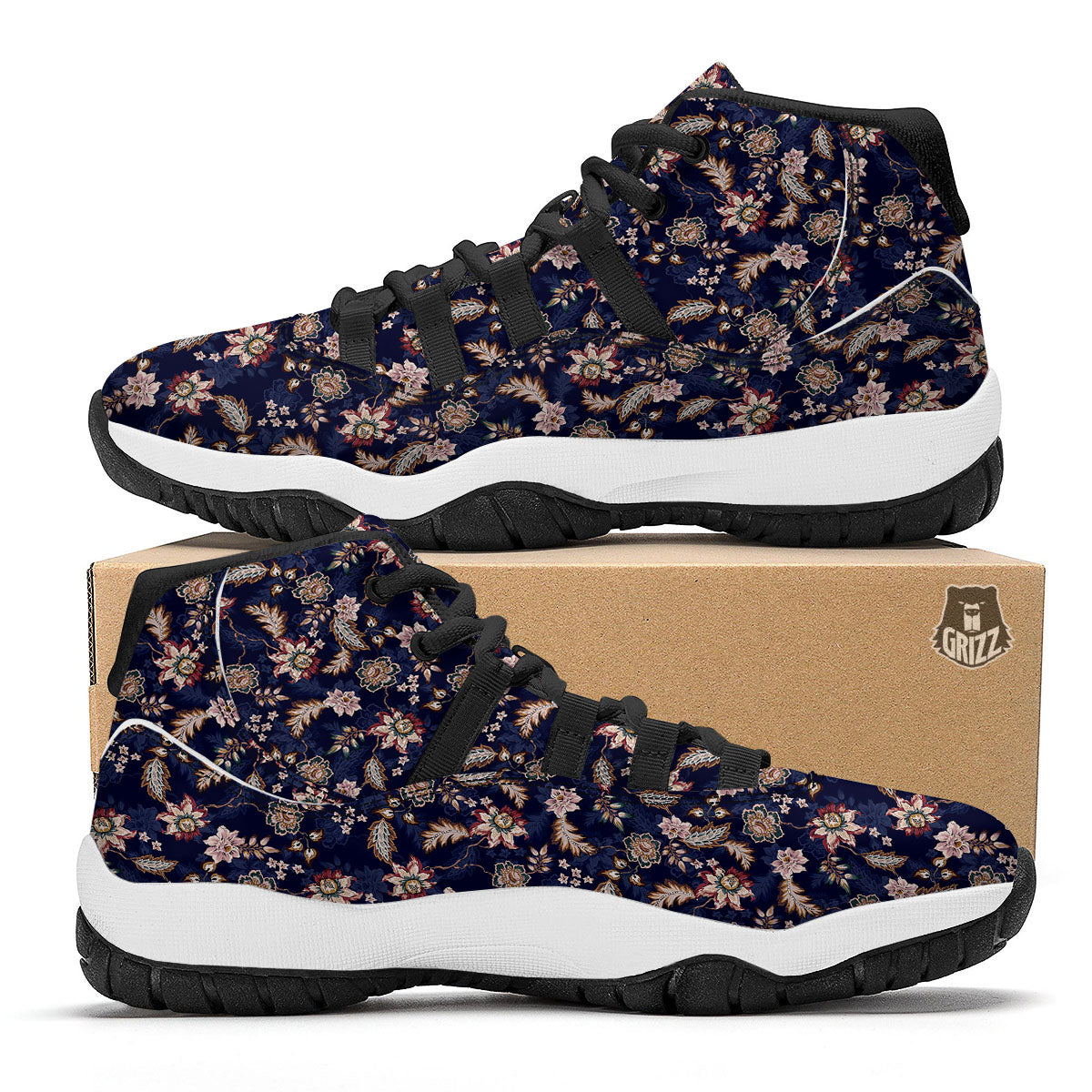 Bohemian Floral Blue Vintage Print Black Bball Shoes-grizzshop