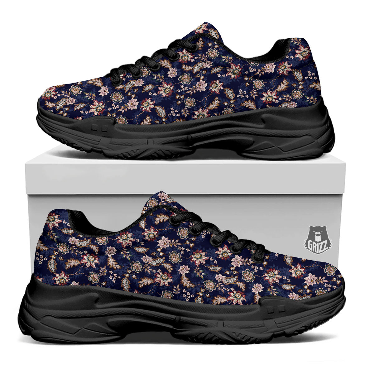 Bohemian Floral Blue Vintage Print Black Chunky Shoes-grizzshop