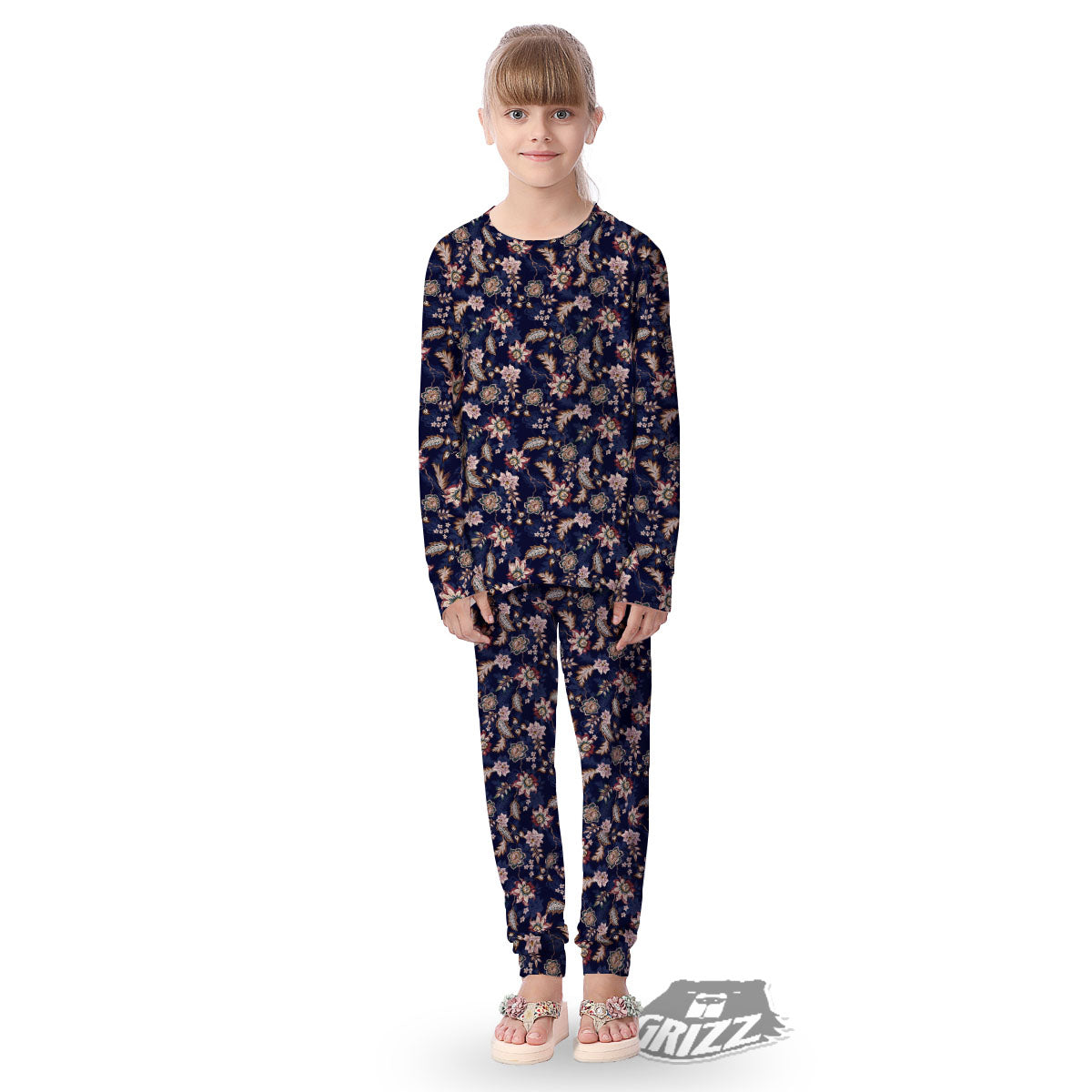 Bohemian Floral Blue Vintage Print Kid's Pajamas-grizzshop