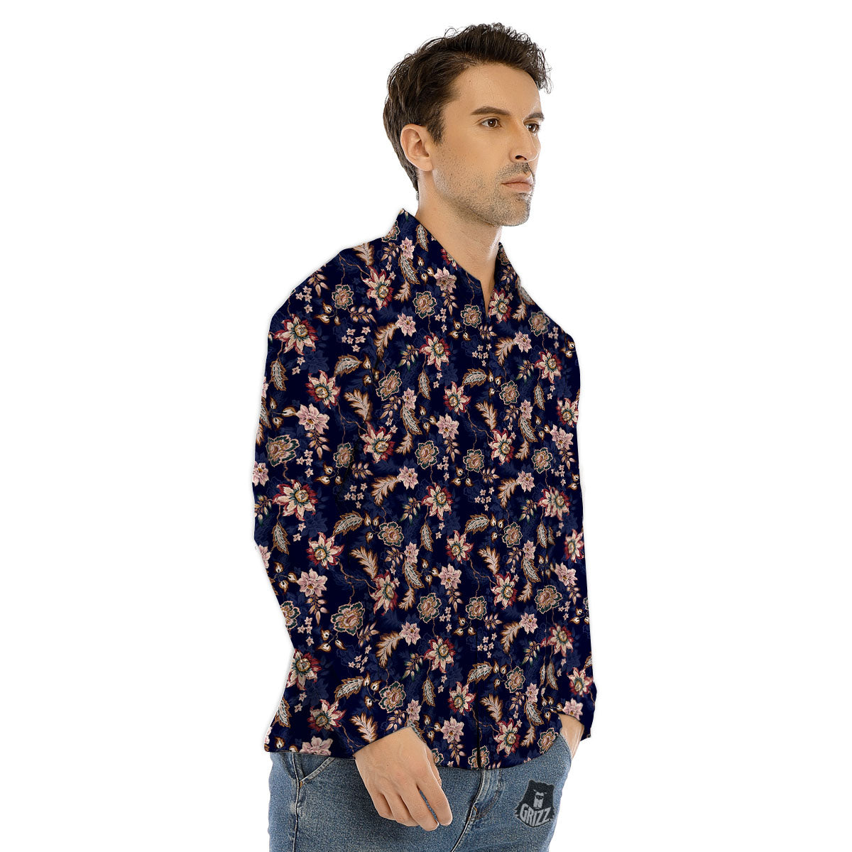 Bohemian Floral Blue Vintage Print Men's Dress Shirts-grizzshop