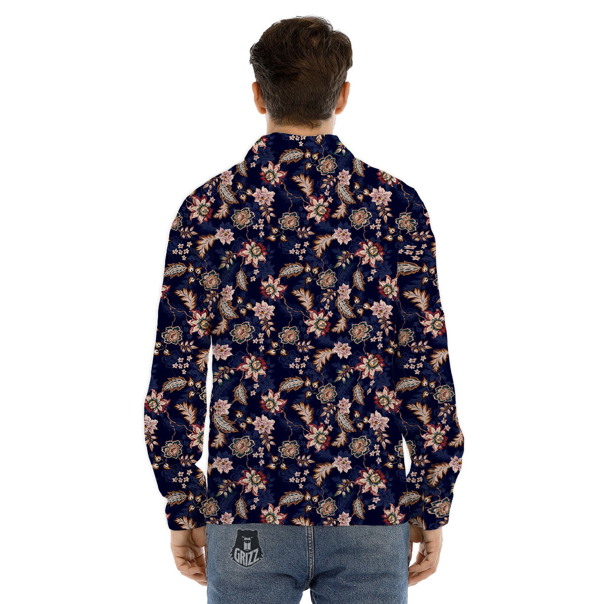 Bohemian Floral Blue Vintage Print Men's Dress Shirts-grizzshop