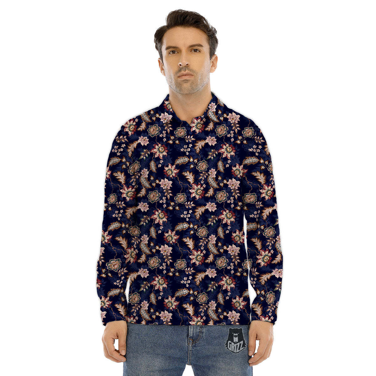 Bohemian Floral Blue Vintage Print Men's Dress Shirts-grizzshop