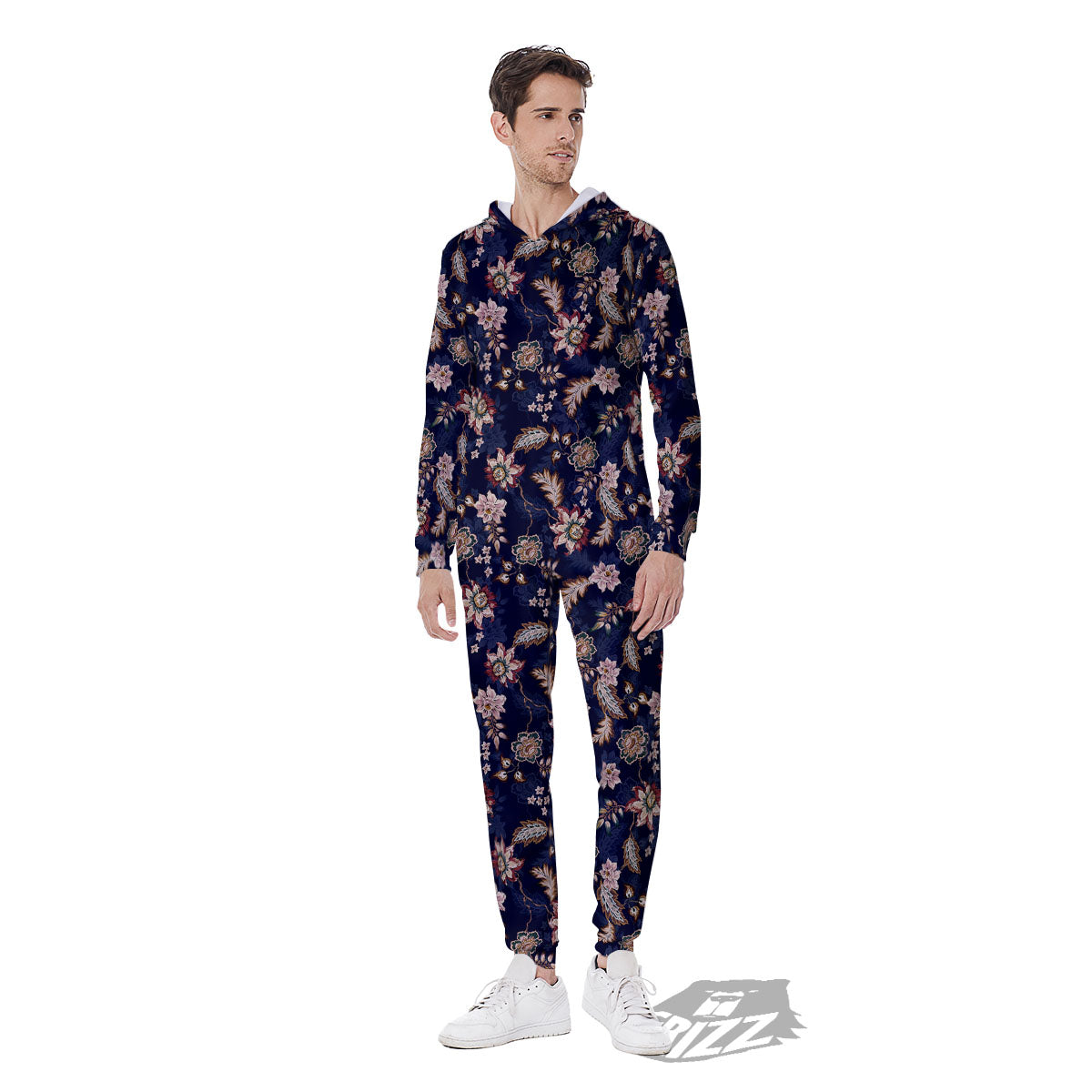 Bohemian Floral Blue Vintage Print Men's Jumpsuit-grizzshop