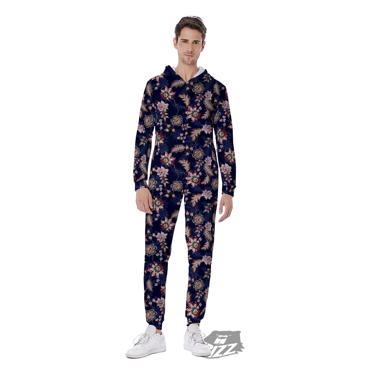 Bohemian Floral Blue Vintage Print Men's Jumpsuit-grizzshop