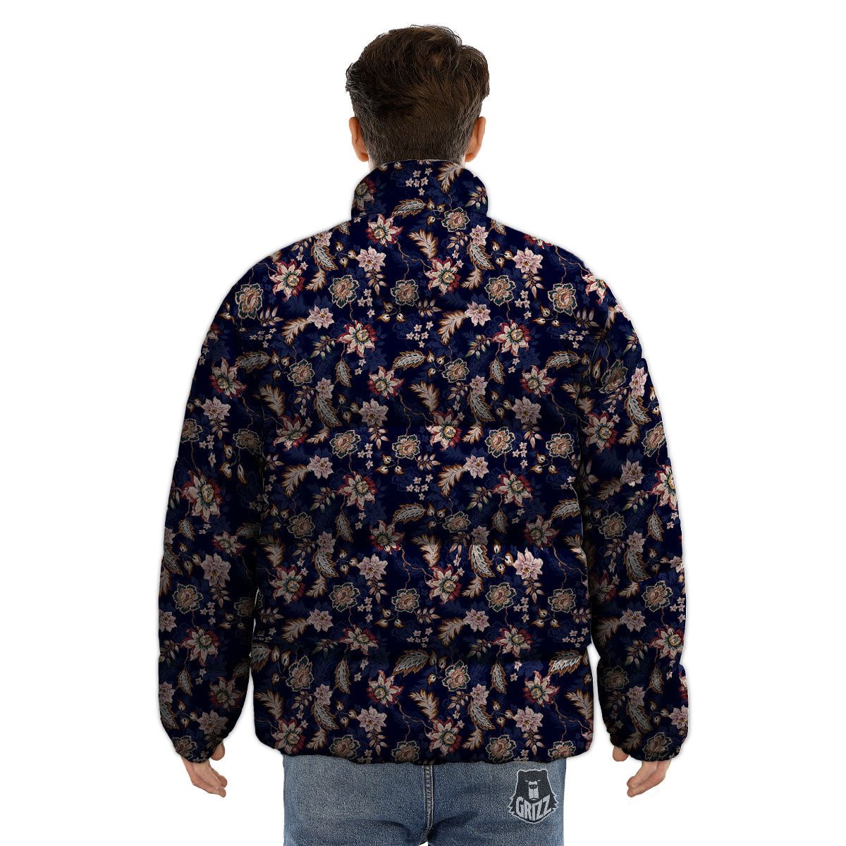 Bohemian Floral Blue Vintage Print Puffer Jacket-grizzshop
