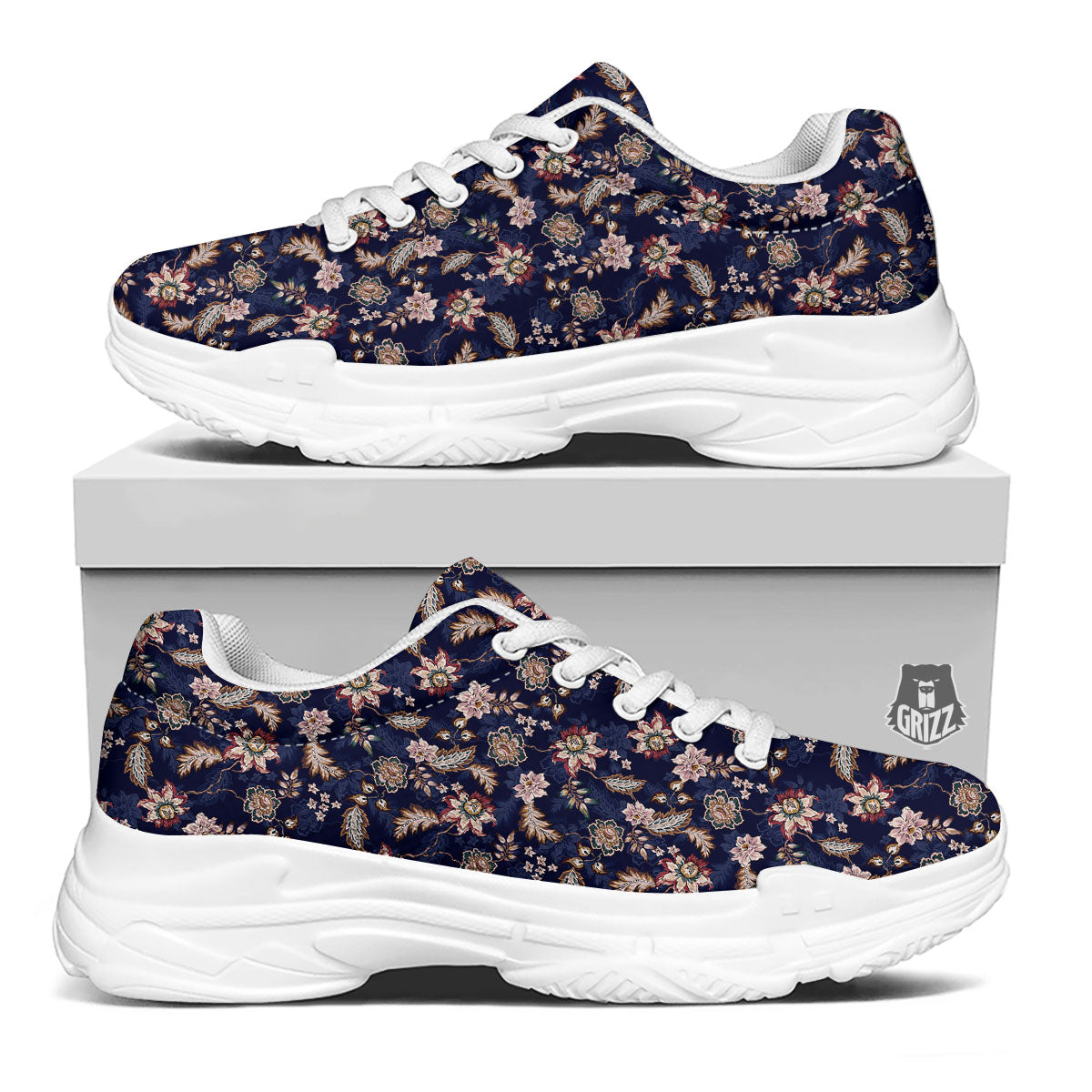 Bohemian Floral Blue Vintage Print White Chunky Shoes-grizzshop