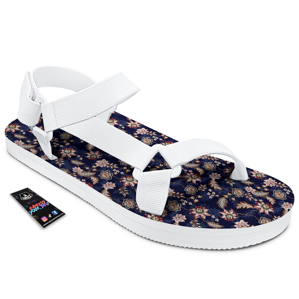 Bohemian Floral Blue Vintage Print White Open Toe Sandals-grizzshop