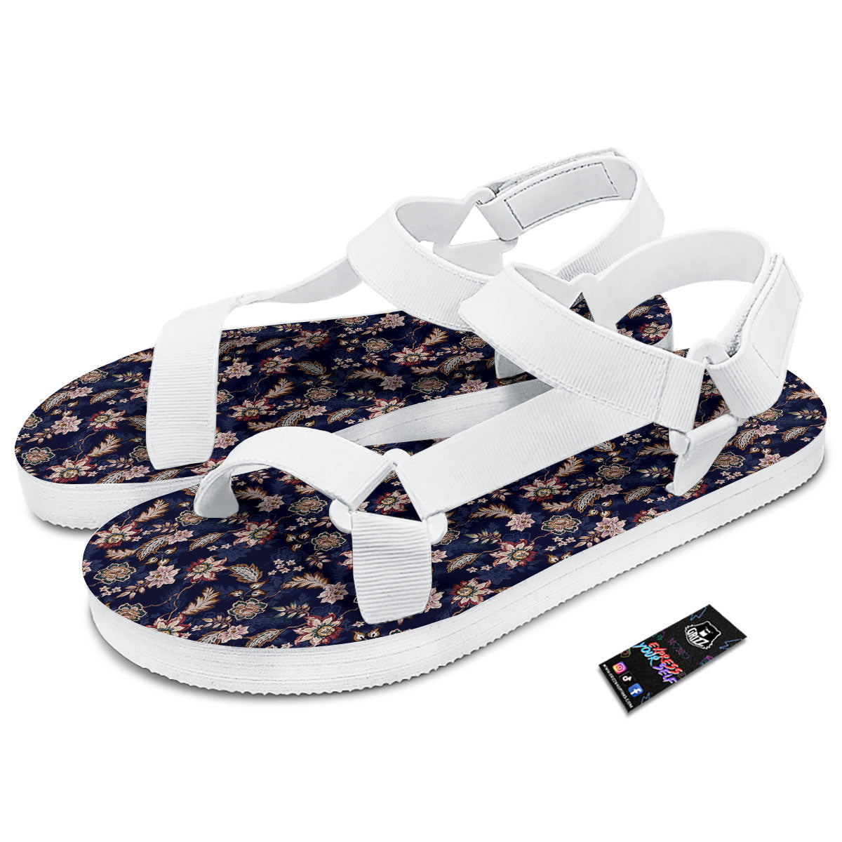 Bohemian Floral Blue Vintage Print White Open Toe Sandals-grizzshop