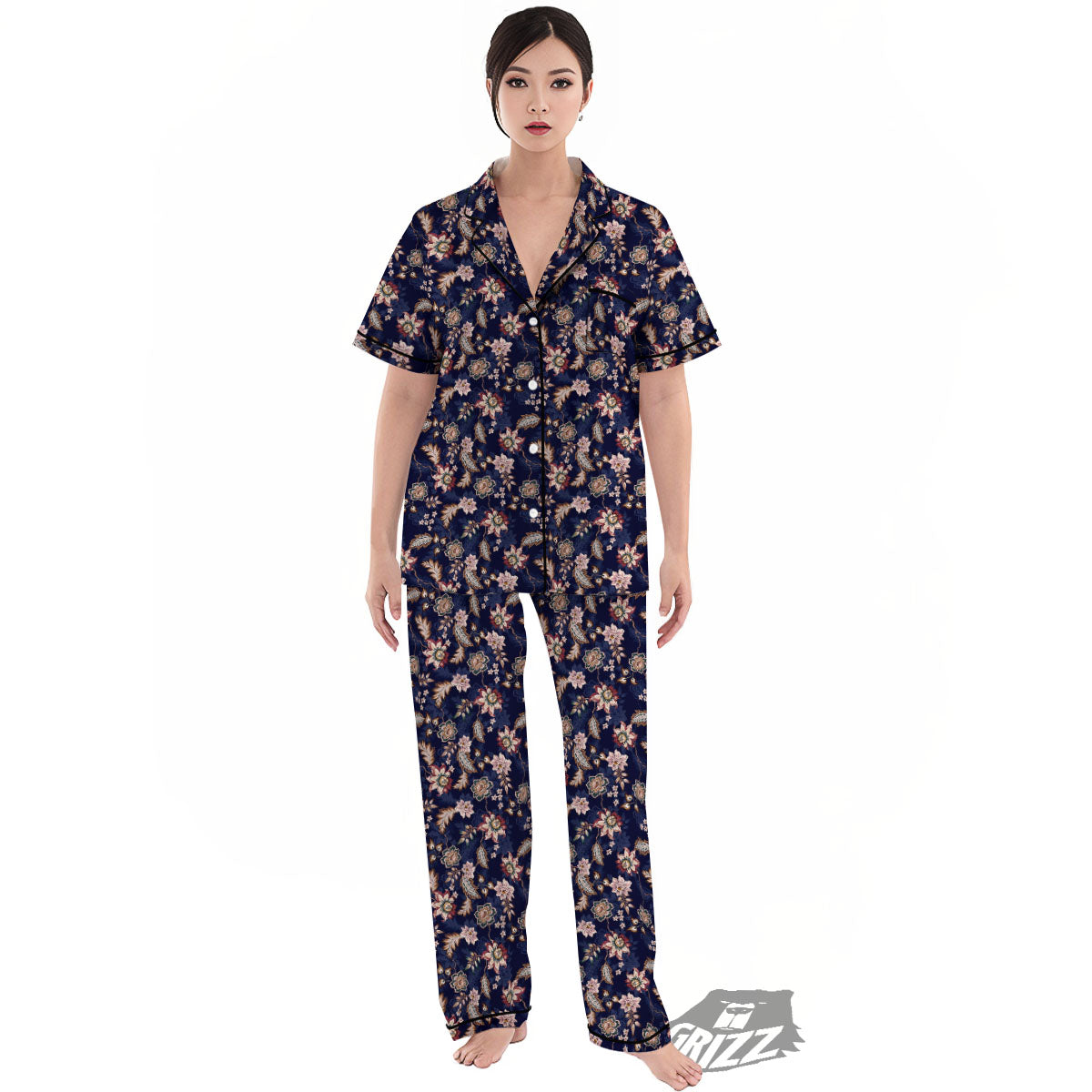 Bohemian Floral Blue Vintage Print Women's Pajamas Set-grizzshop