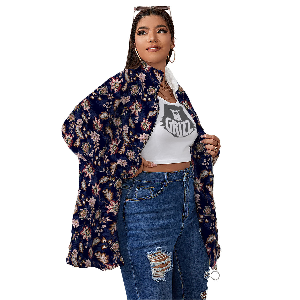 Bohemian Floral Blue Vintage Print Women's Sherpa Jacket-grizzshop