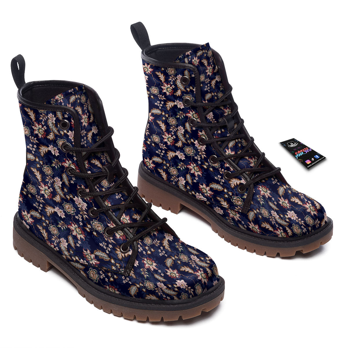 Bohemian Floral Blue Vintage Print Work Boots-grizzshop