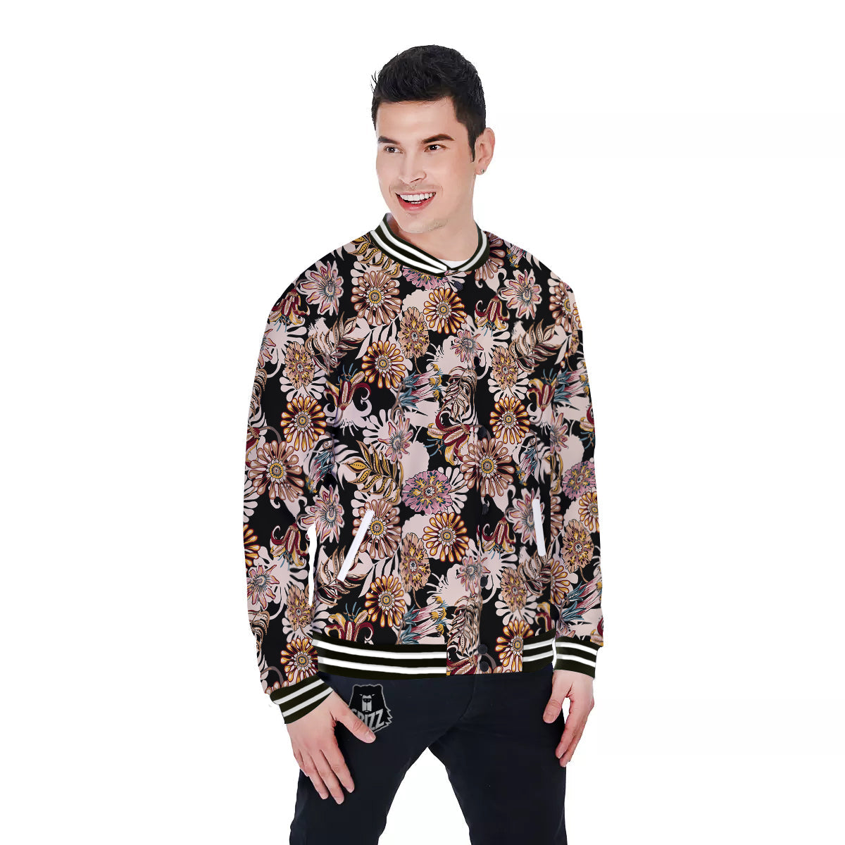 Bohemian Floral Brown Vintage Print Pattern Baseball Jacket-grizzshop