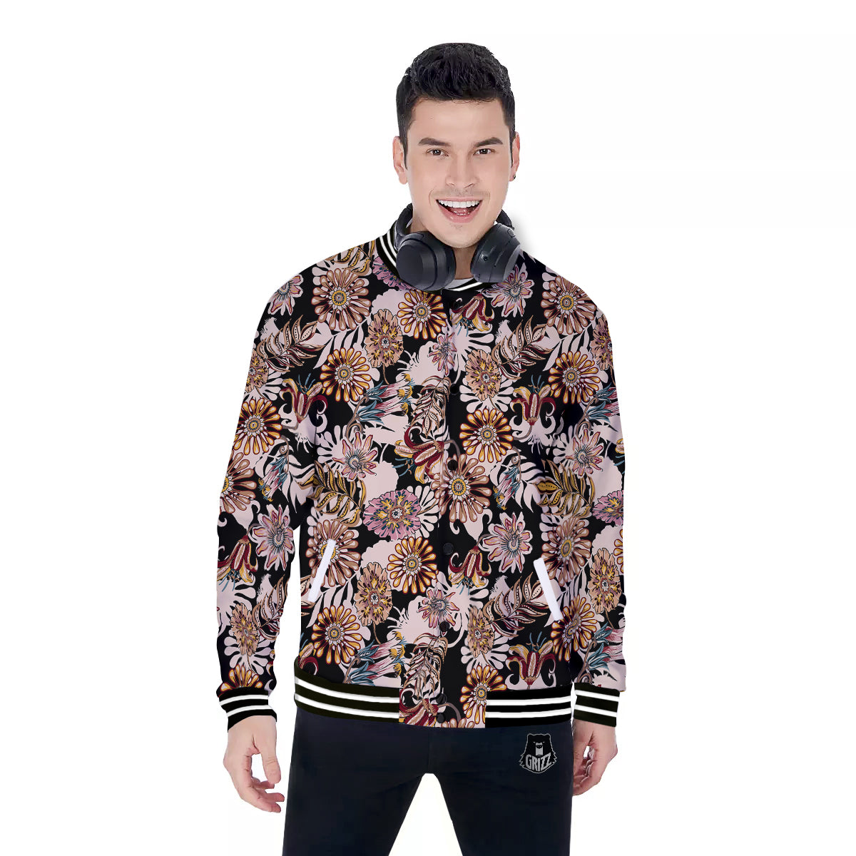 Bohemian Floral Brown Vintage Print Pattern Baseball Jacket-grizzshop