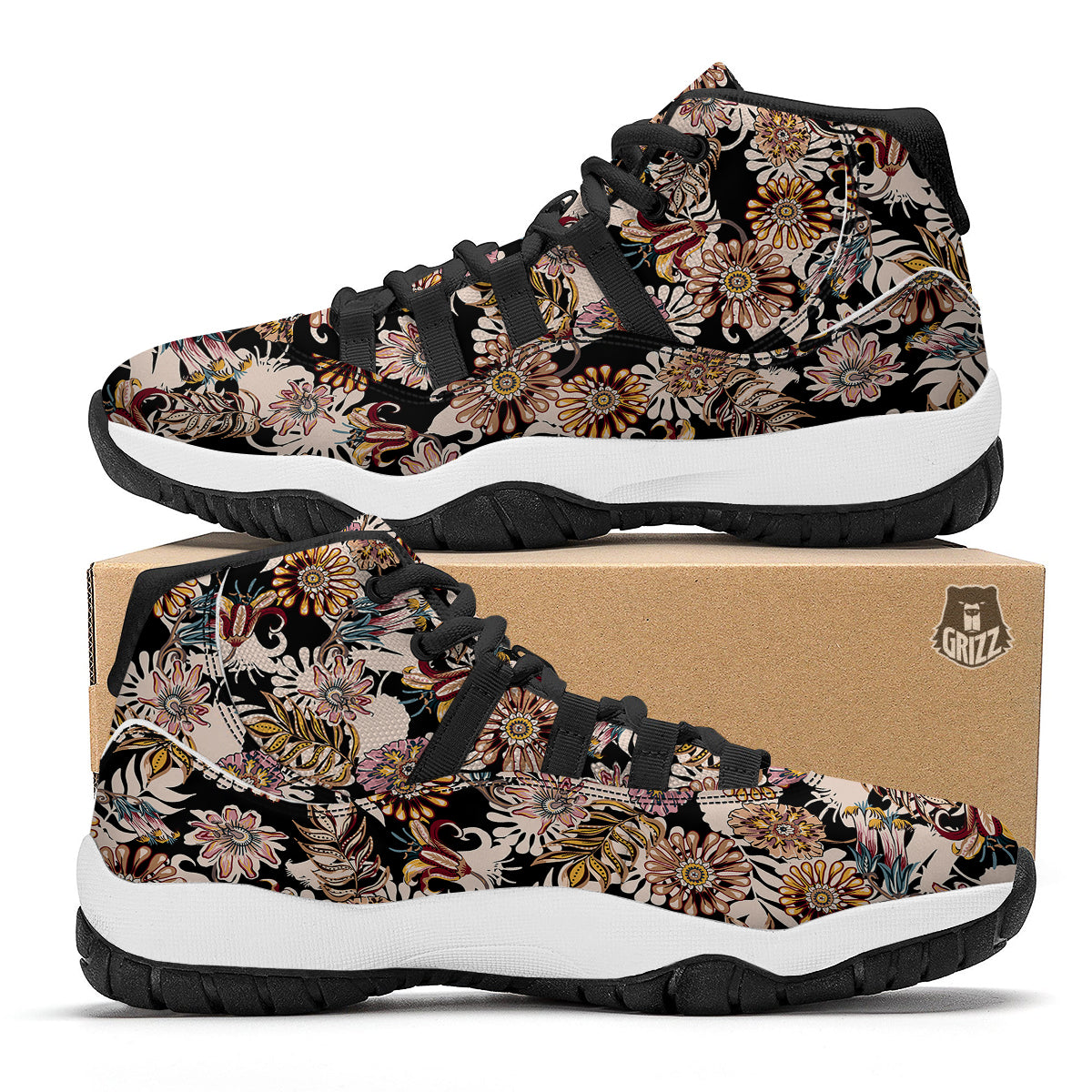 Bohemian Floral Brown Vintage Print Pattern Black Bball Shoes-grizzshop