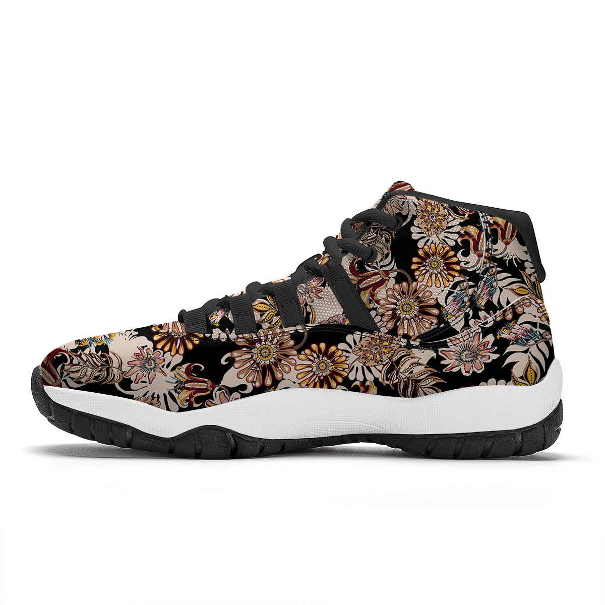Bohemian Floral Brown Vintage Print Pattern Black Bball Shoes-grizzshop