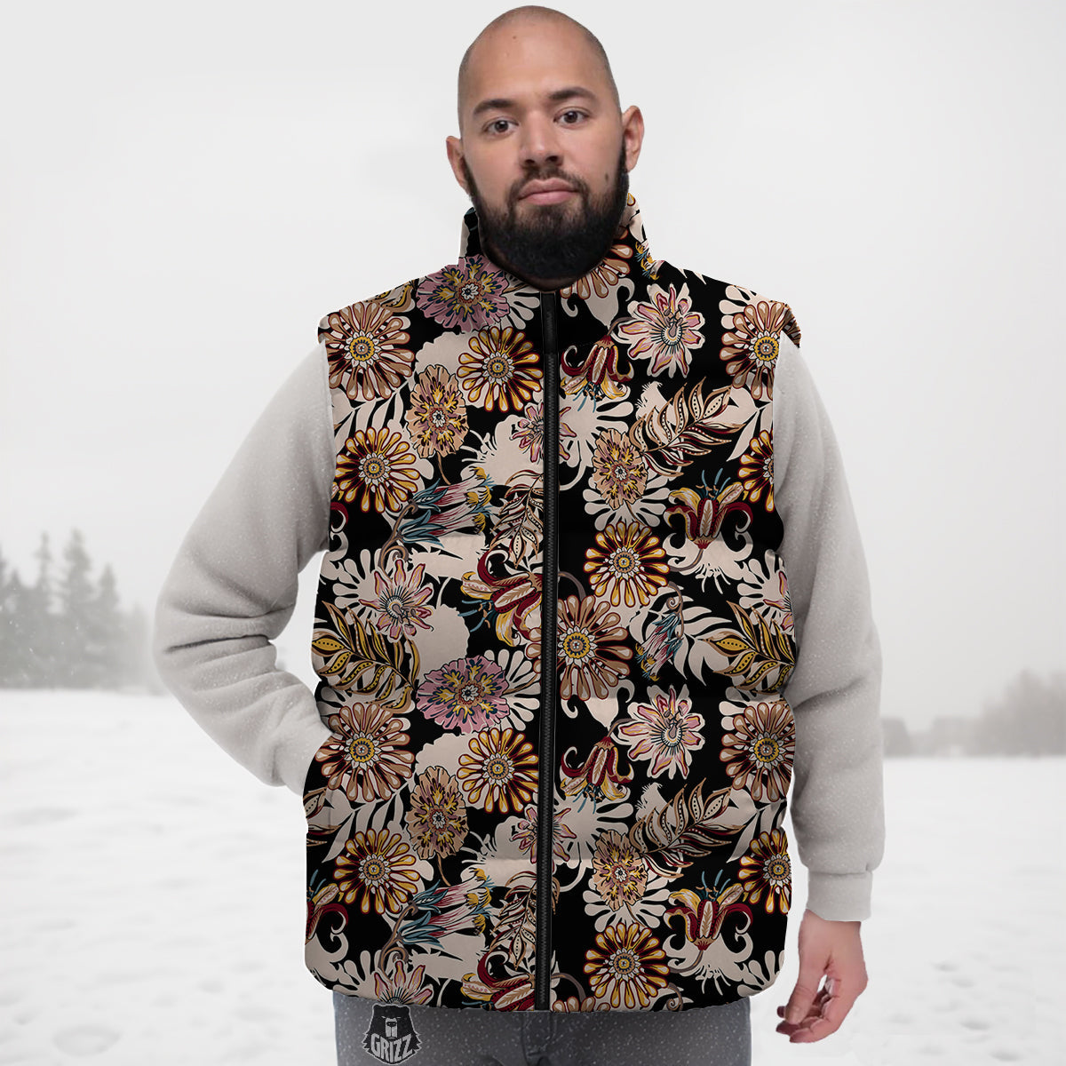 Bohemian Floral Brown Vintage Print Pattern Down Vest