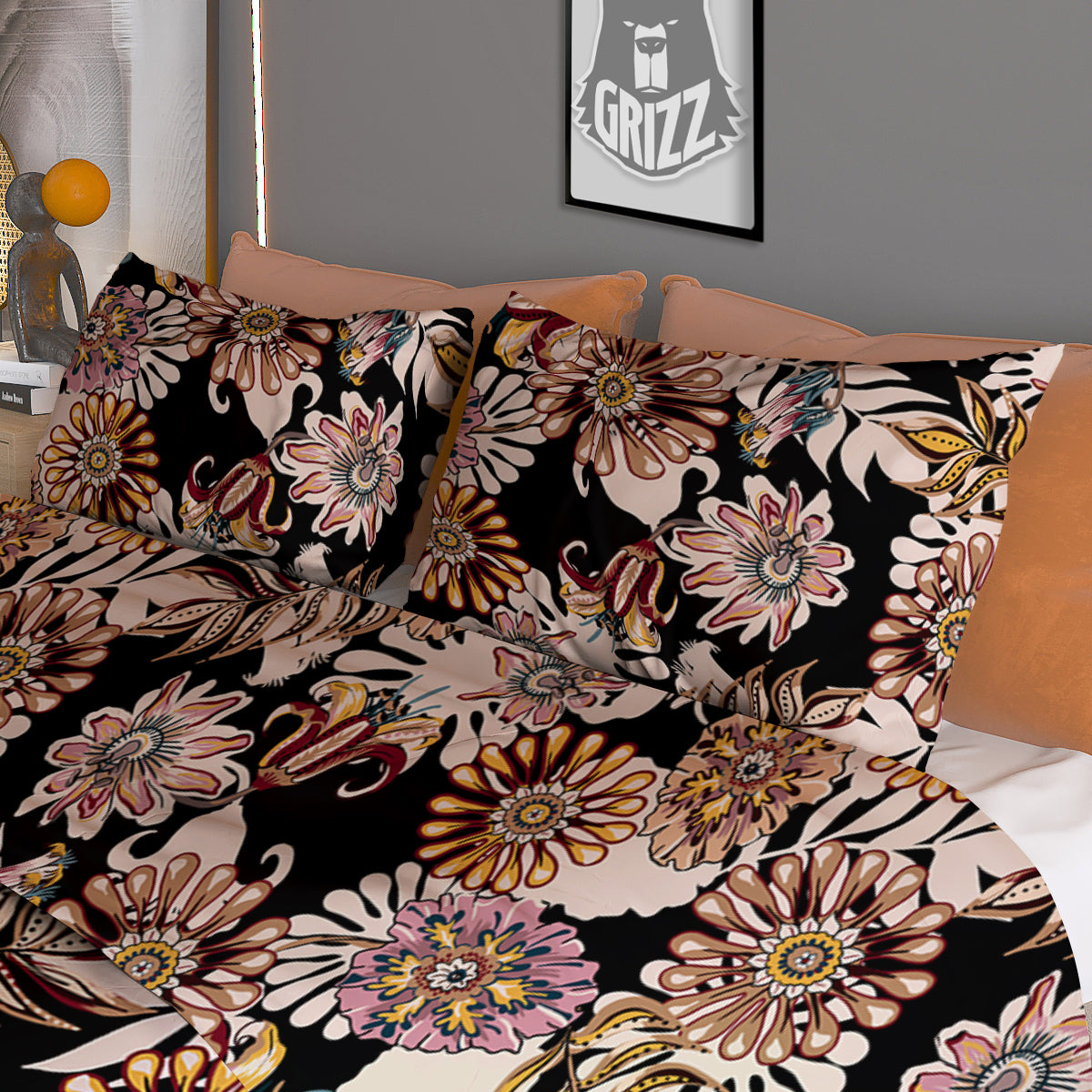 Bohemian Floral Brown Vintage Print Pattern Duvet Cover Bedding Set