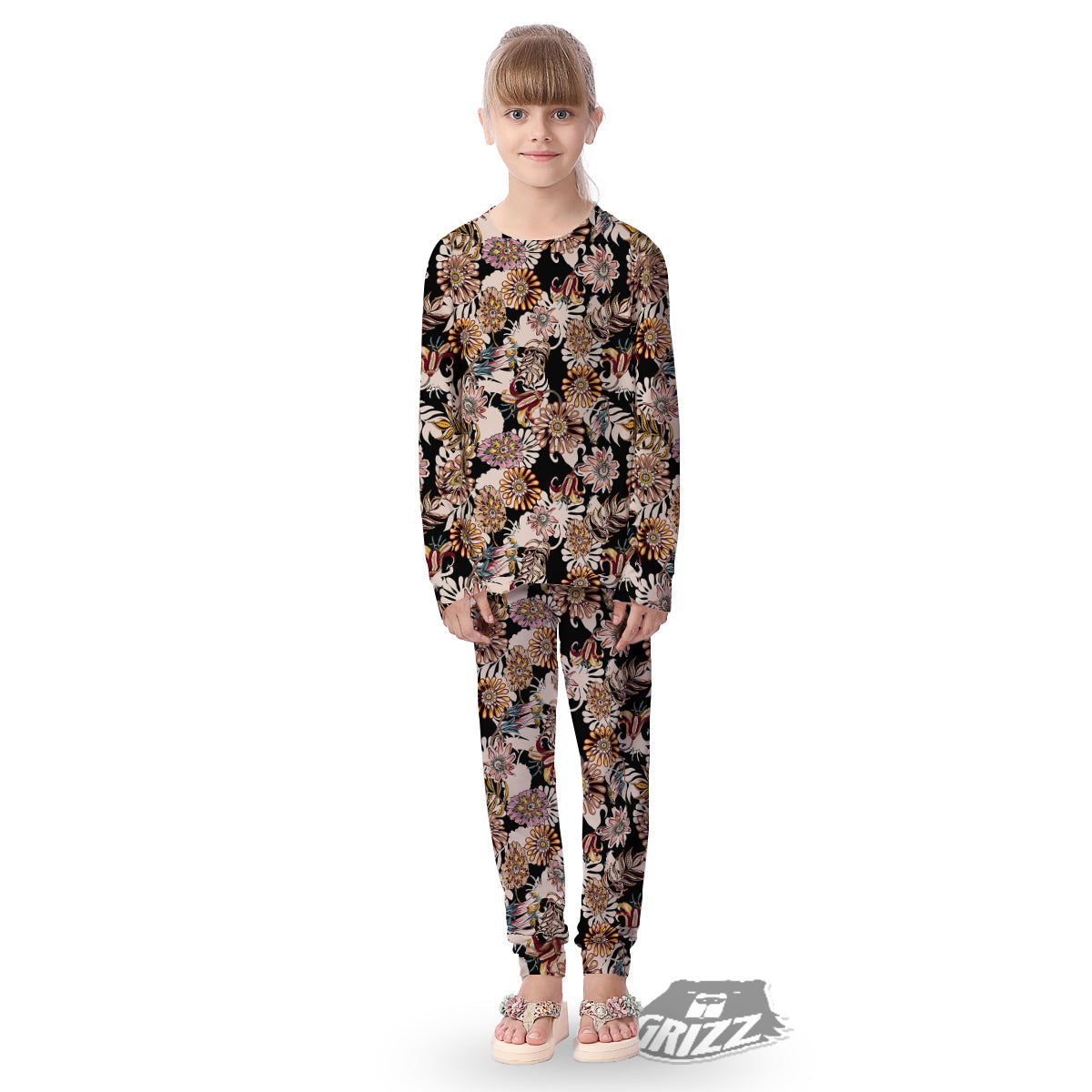 Bohemian Floral Brown Vintage Print Pattern Kid's Pajamas-grizzshop