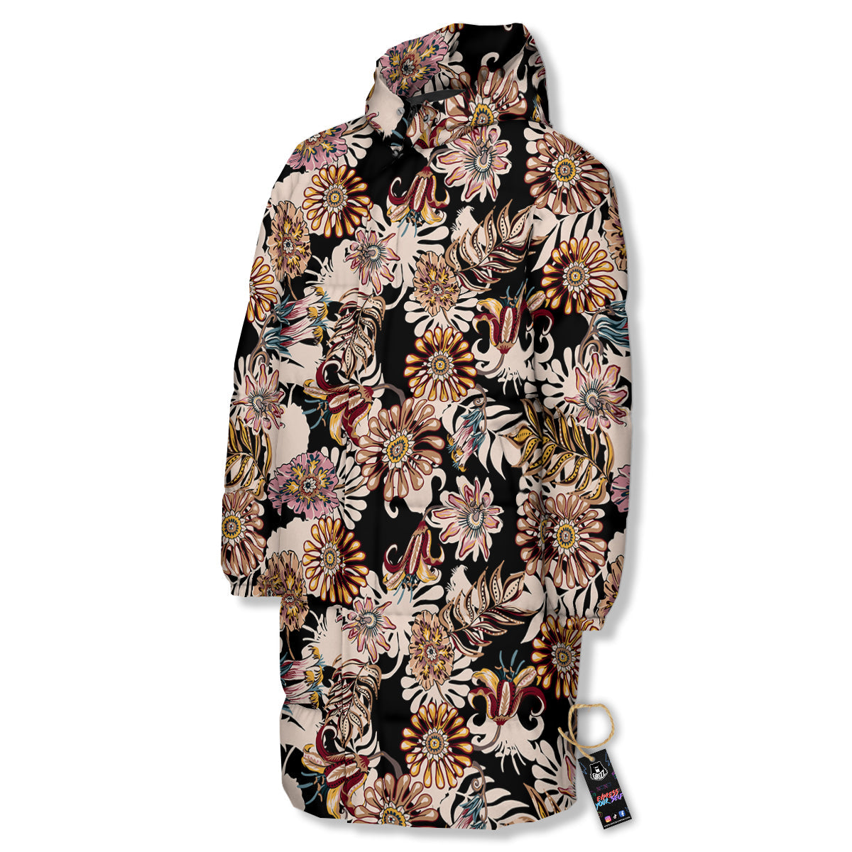 Bohemian Floral Brown Vintage Print Pattern Long Down Jacket-grizzshop