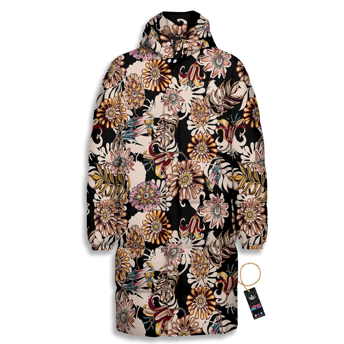 Bohemian Floral Brown Vintage Print Pattern Long Down Jacket-grizzshop
