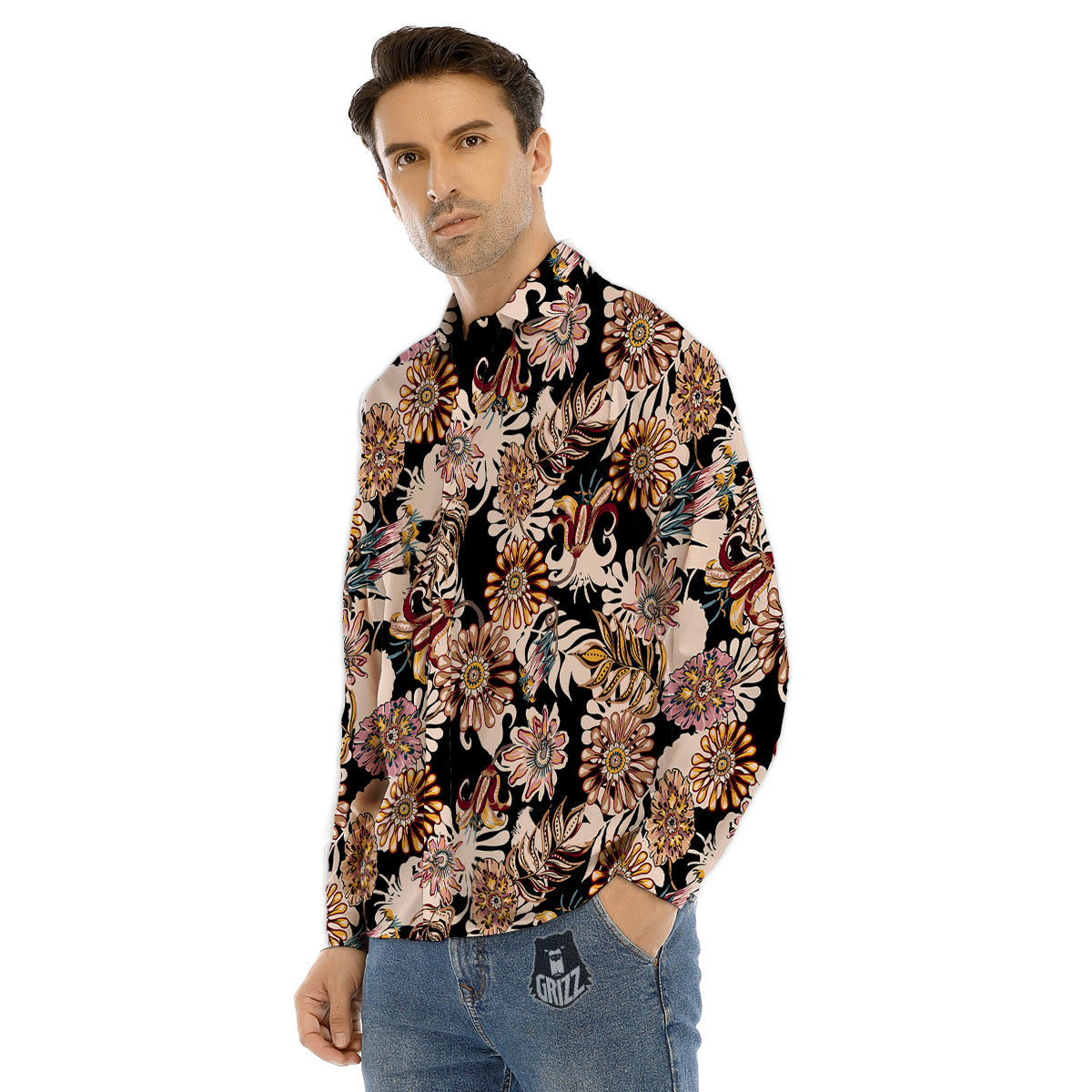 Bohemian Floral Brown Vintage Print Pattern Men's Dress Shirts-grizzshop