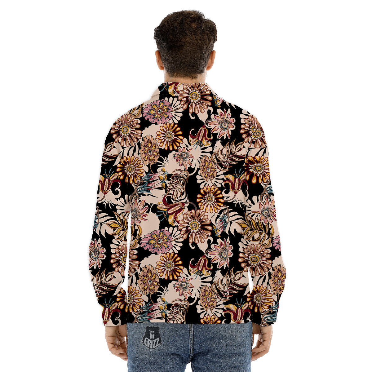 Bohemian Floral Brown Vintage Print Pattern Men's Dress Shirts-grizzshop