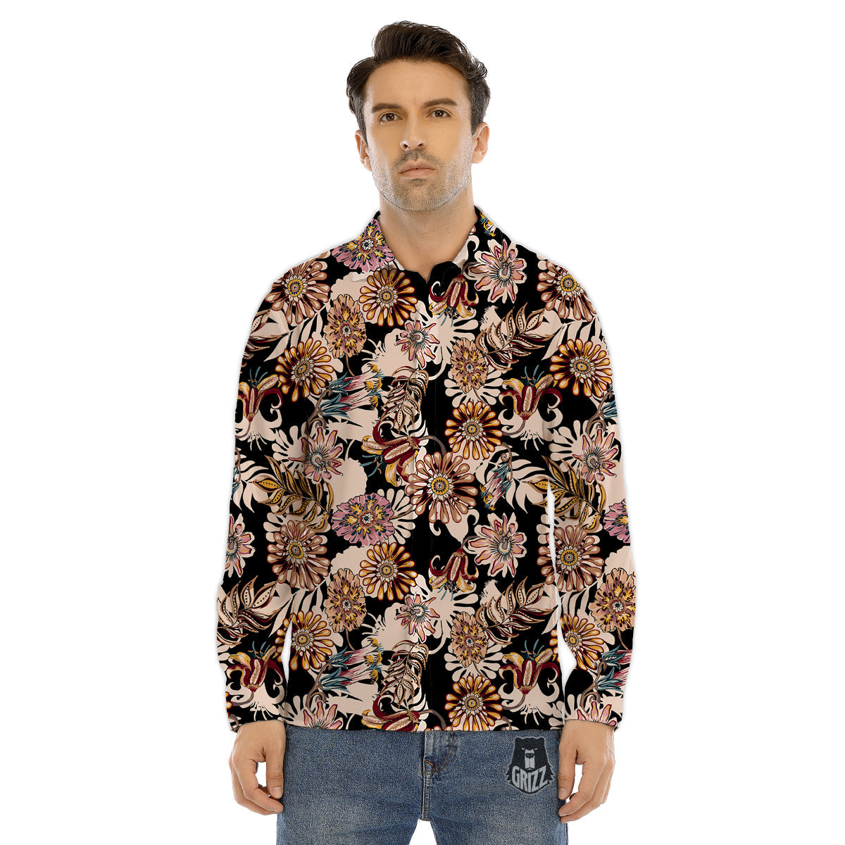 Bohemian Floral Brown Vintage Print Pattern Men's Dress Shirts-grizzshop