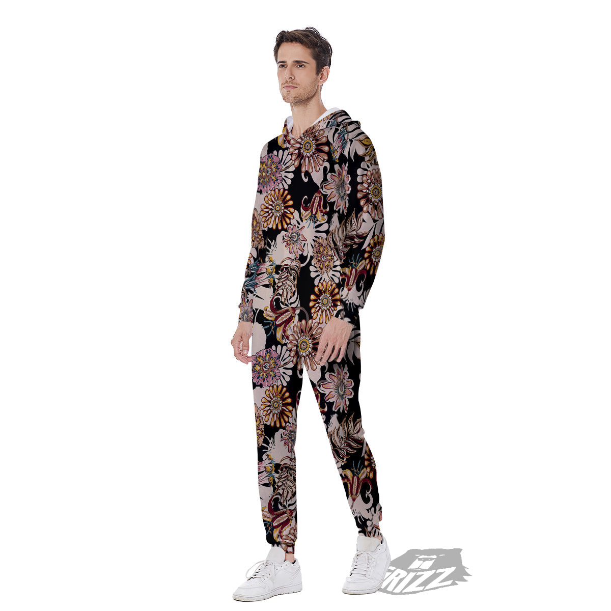 Bohemian Floral Brown Vintage Print Pattern Men's Jumpsuit-grizzshop
