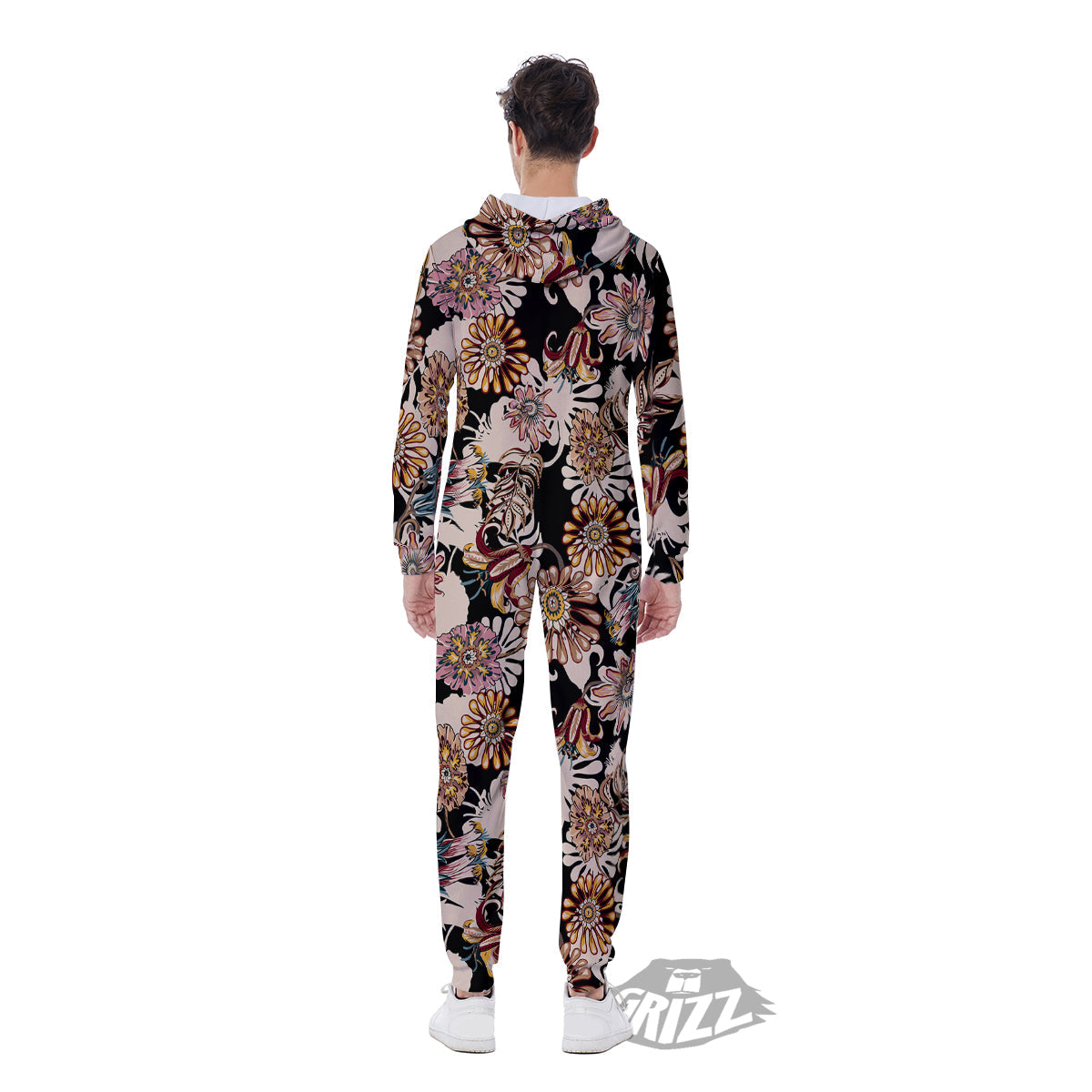 Bohemian Floral Brown Vintage Print Pattern Men's Jumpsuit-grizzshop