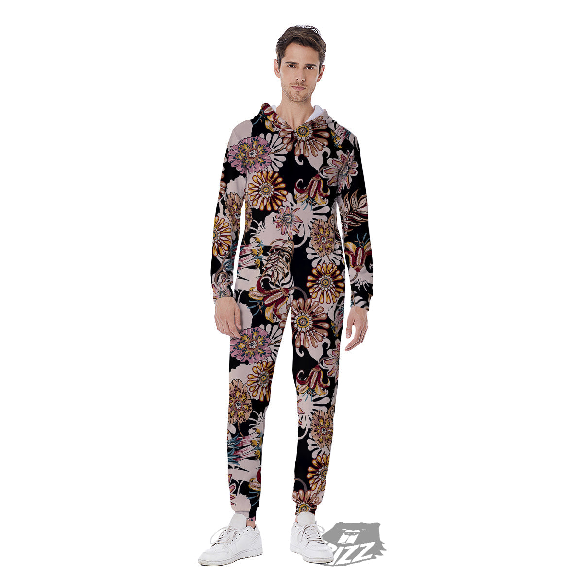 Bohemian Floral Brown Vintage Print Pattern Men's Jumpsuit-grizzshop