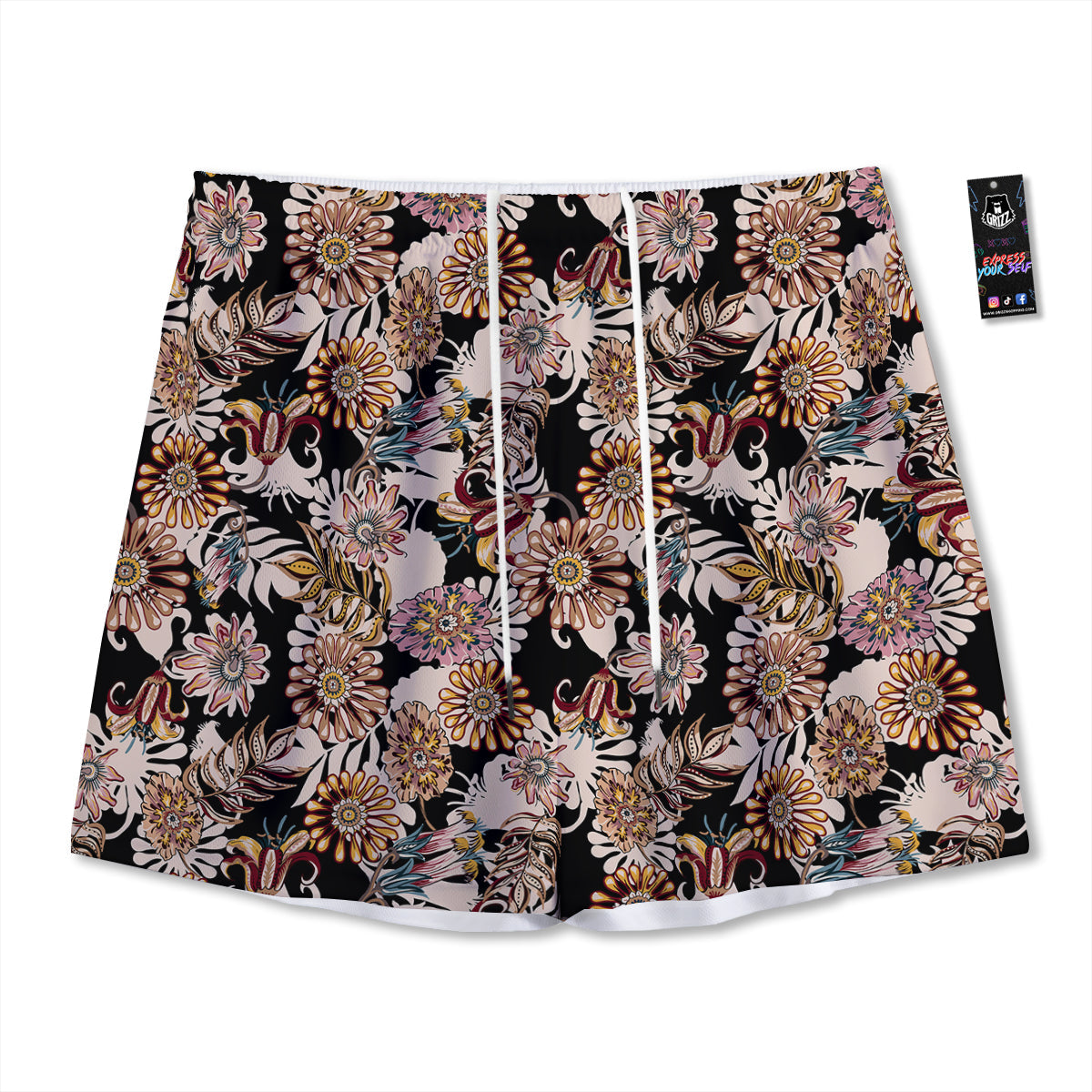Bohemian Floral Brown Vintage Print Pattern Mesh Shorts
