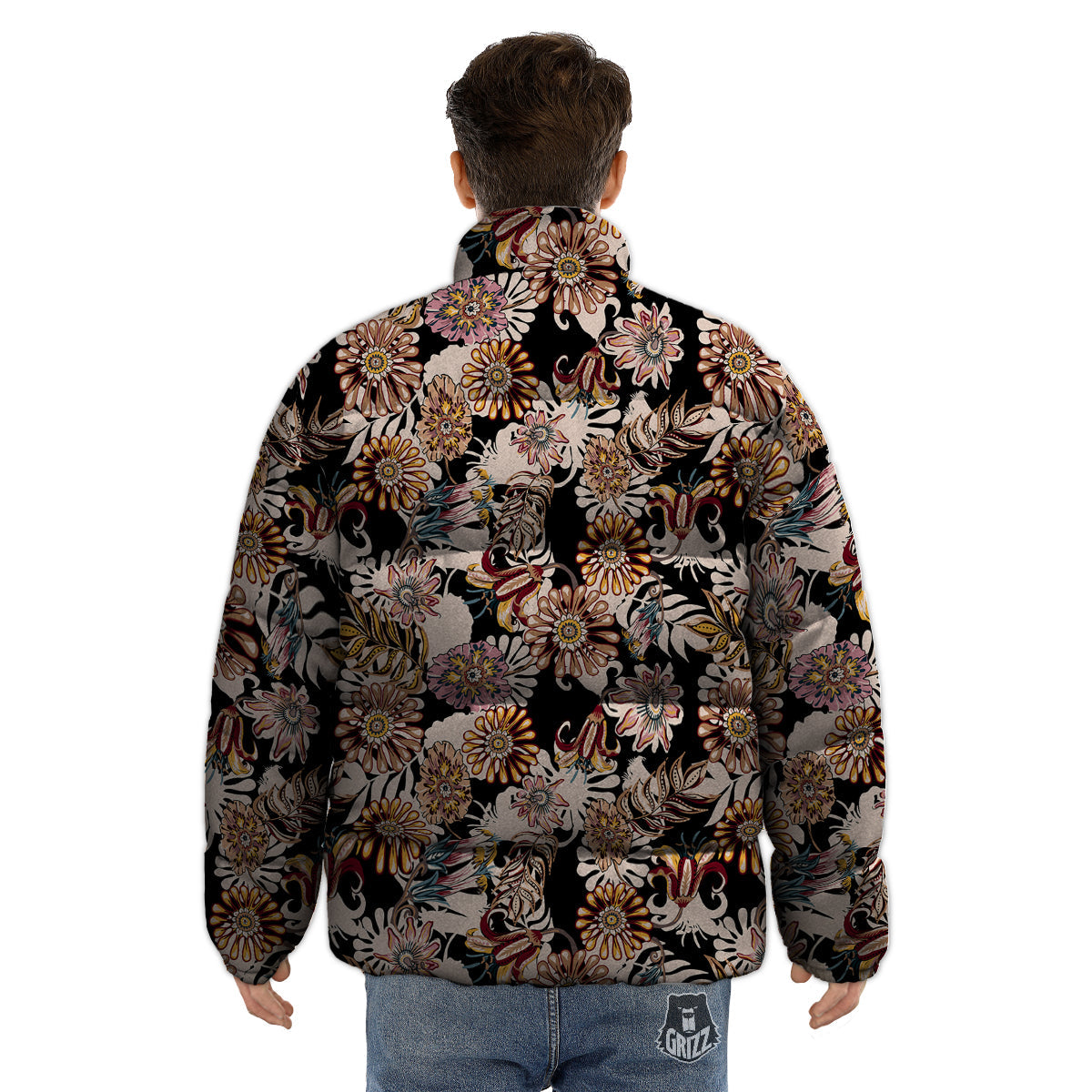 Bohemian Floral Brown Vintage Print Pattern Puffer Jacket-grizzshop