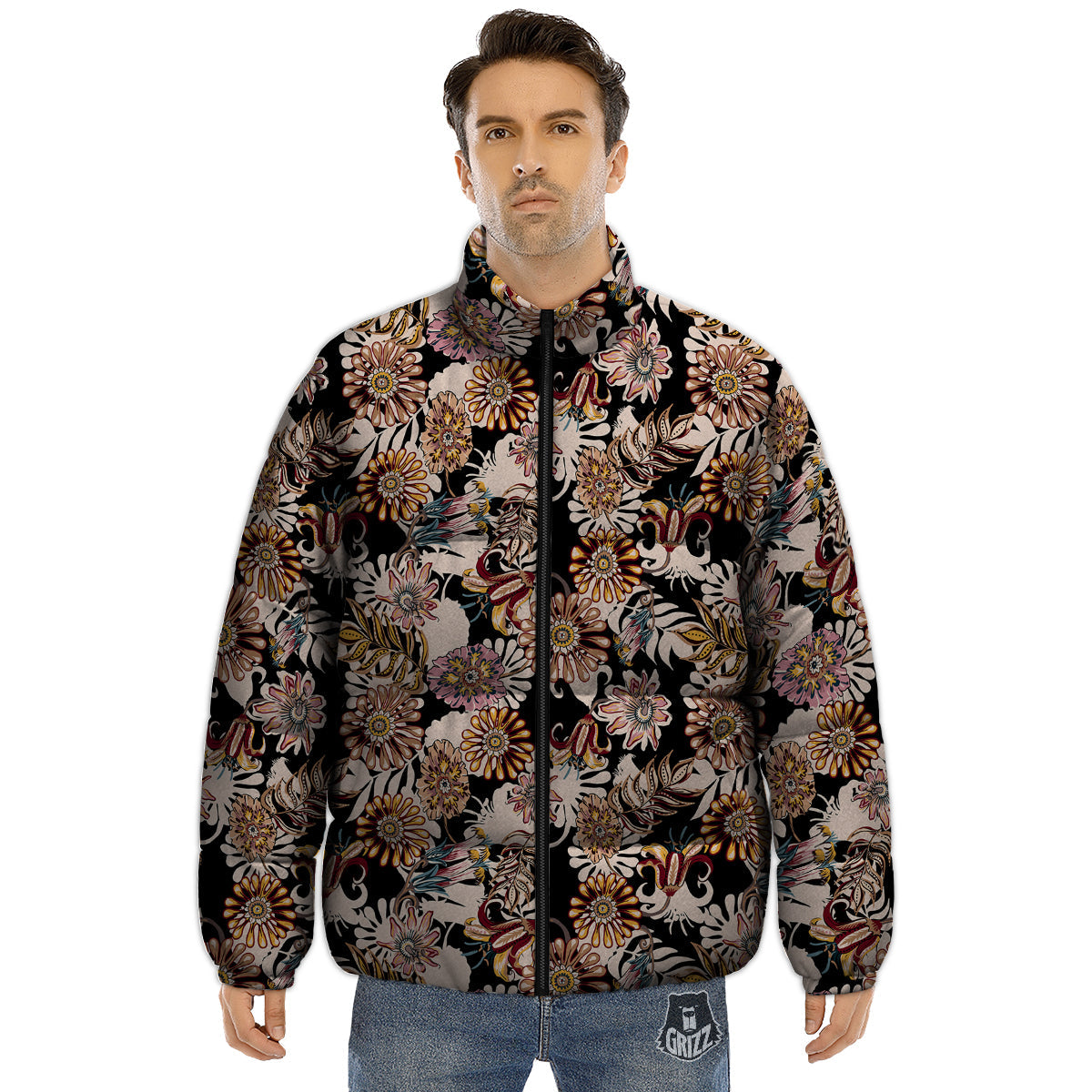 Bohemian Floral Brown Vintage Print Pattern Puffer Jacket-grizzshop