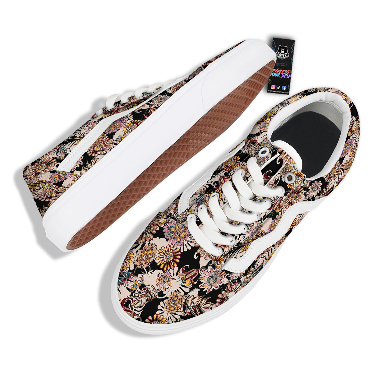 Bohemian Floral Brown Vintage Print Pattern Skate Shoes-grizzshop