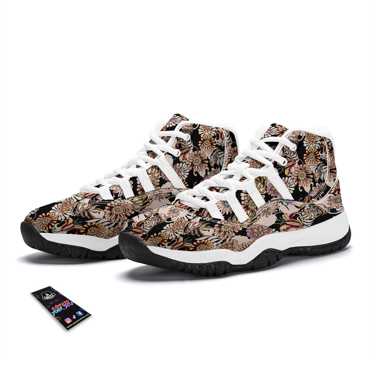Bohemian Floral Brown Vintage Print Pattern White Bball Shoes-grizzshop