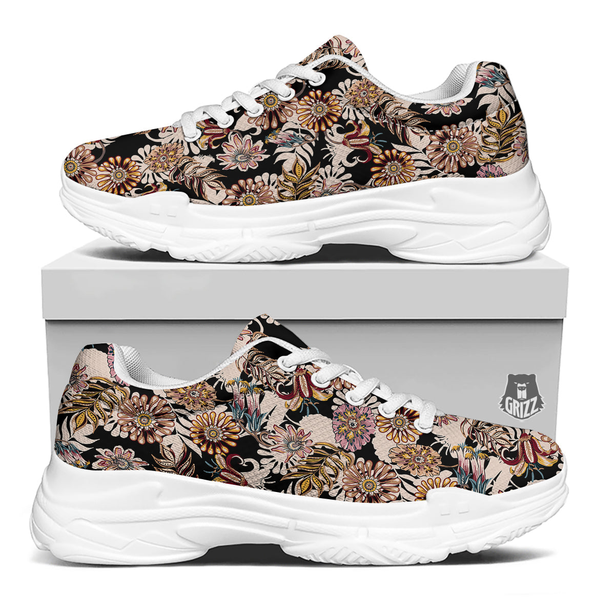 Bohemian Floral Brown Vintage Print Pattern White Chunky Shoes-grizzshop