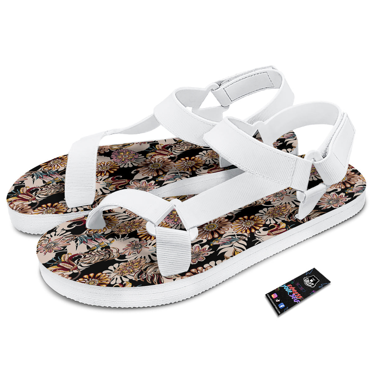 Bohemian Floral Brown Vintage Print Pattern White Open Toe Sandals-grizzshop