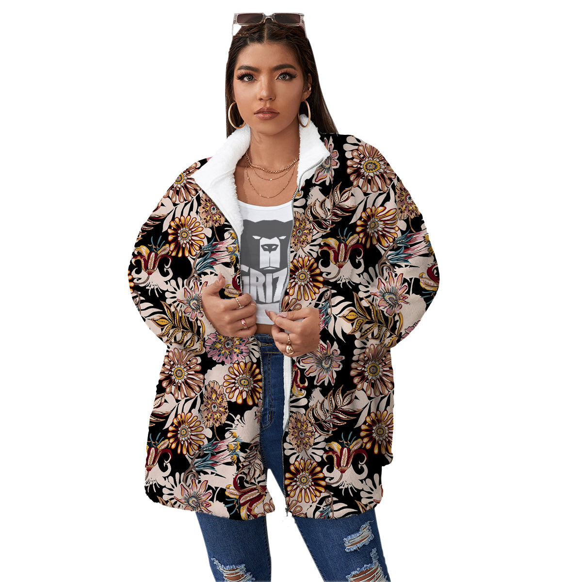 Bohemian Floral Brown Vintage Print Pattern Women's Sherpa Jacket-grizzshop