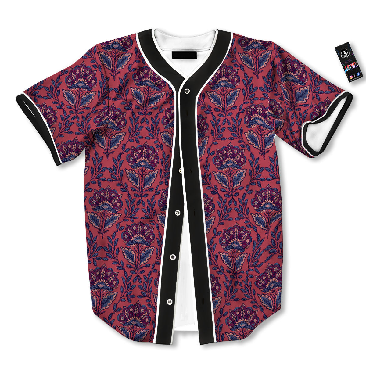 Bohemian Floral Maroon Vintage Print Pattern Baseball Jersey-grizzshop
