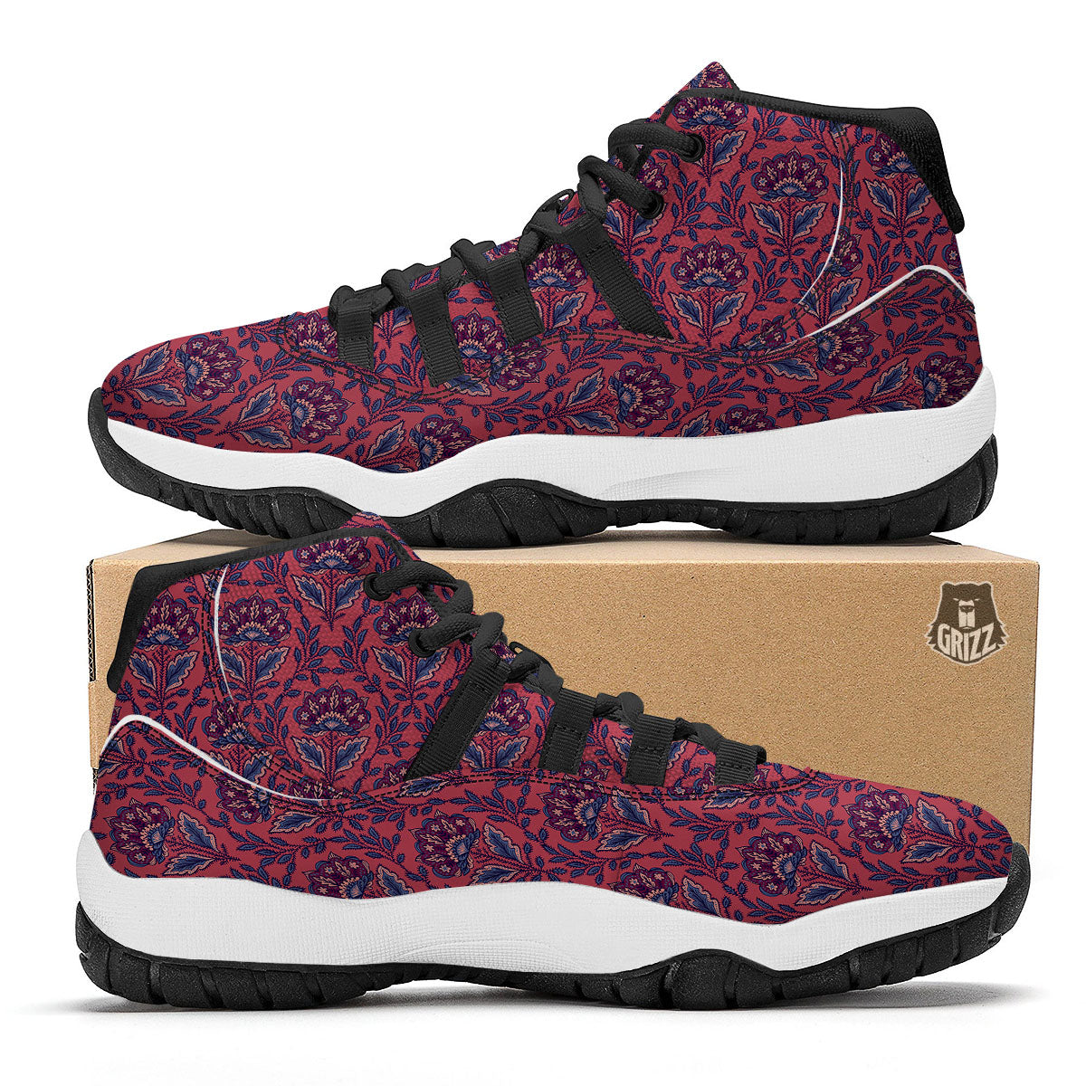 Bohemian Floral Maroon Vintage Print Pattern Black Bball Shoes-grizzshop